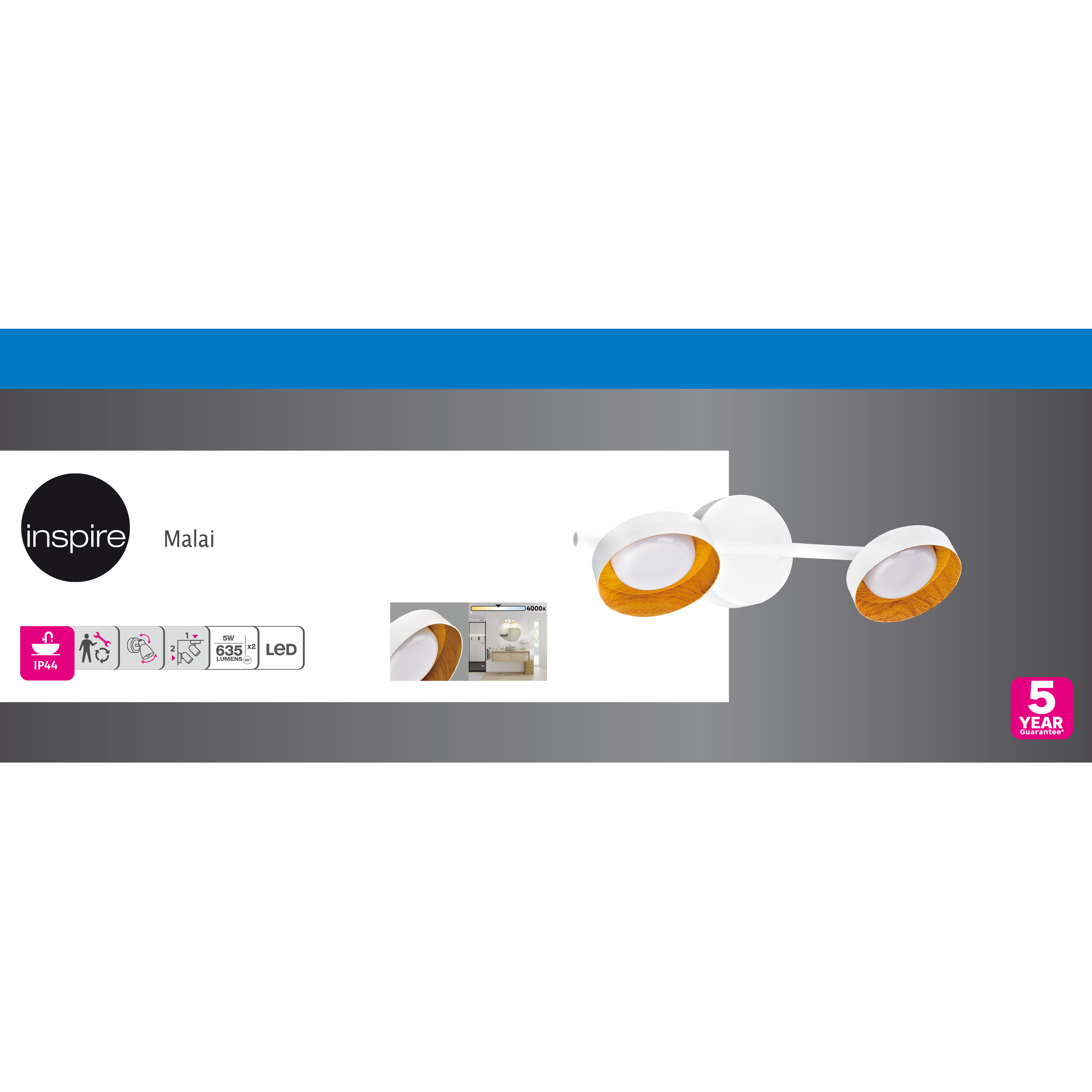 Rampe 2 spots LED salle de bain Malai, 1320 lumens blanc neutre, métal Inspire - 8