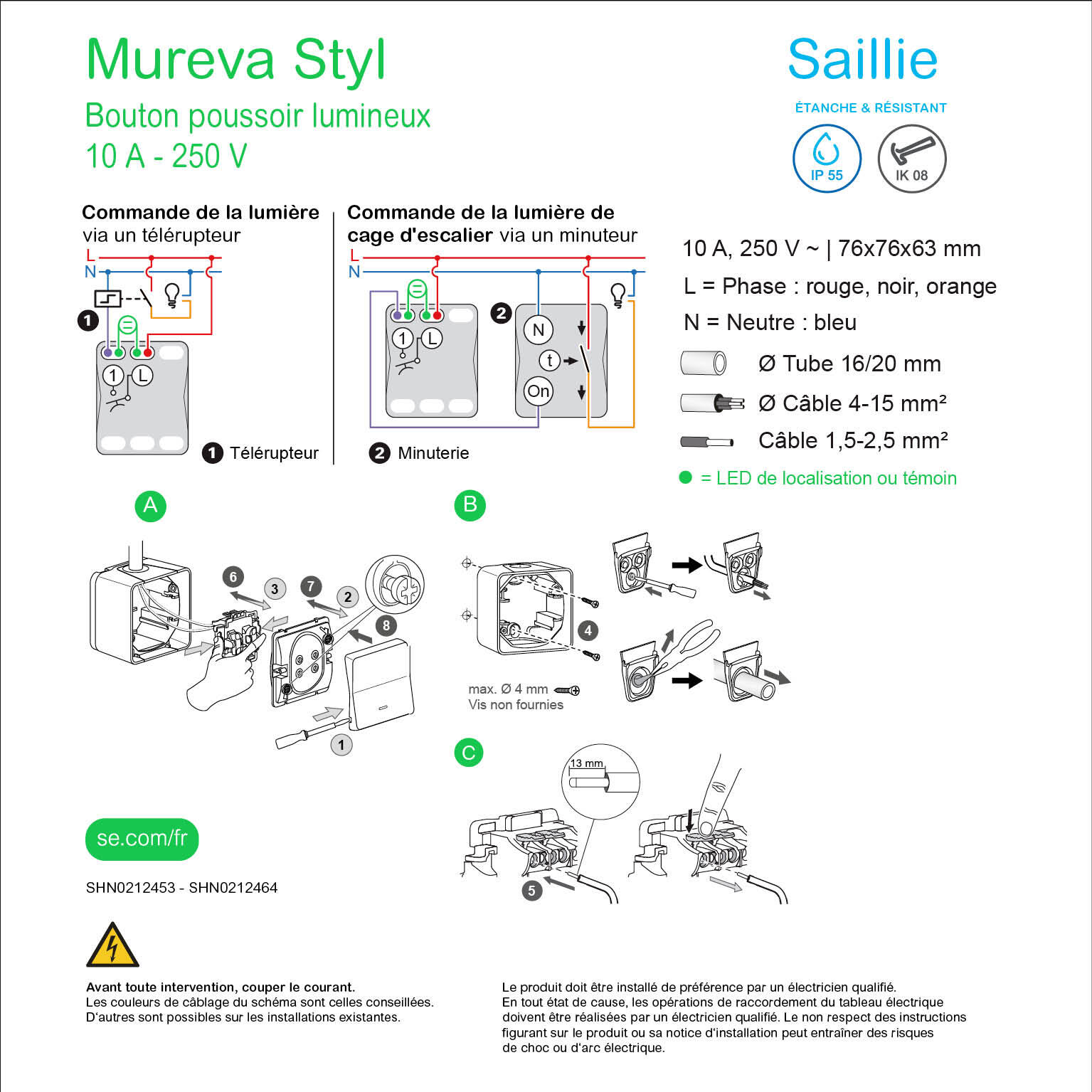 Poussoir lumineux étanche saillie Mureva Styl, SCHNEIDER ELECTRIC, anthracite - 4