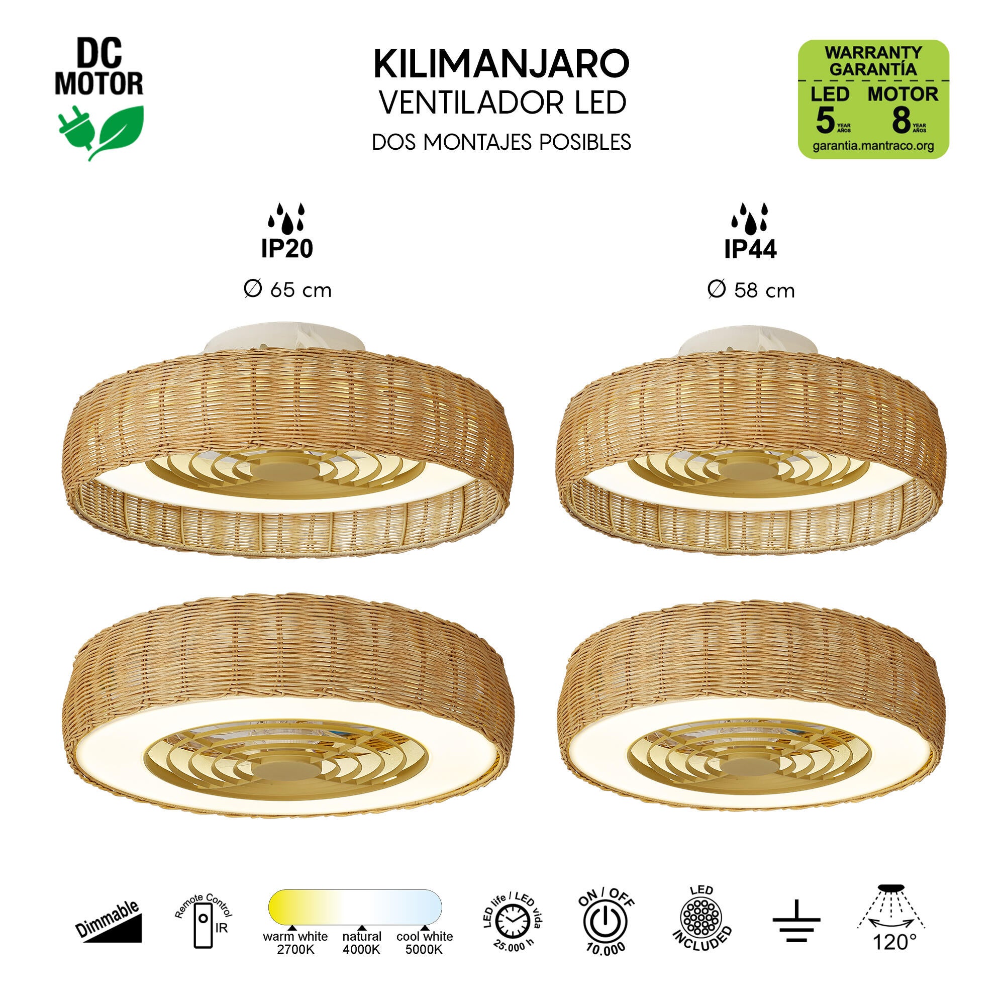 Ventoinha de teto com lâmpada 7 pás com comando 7700 Lm rattan Kilimanjaro Mantra
 - 14