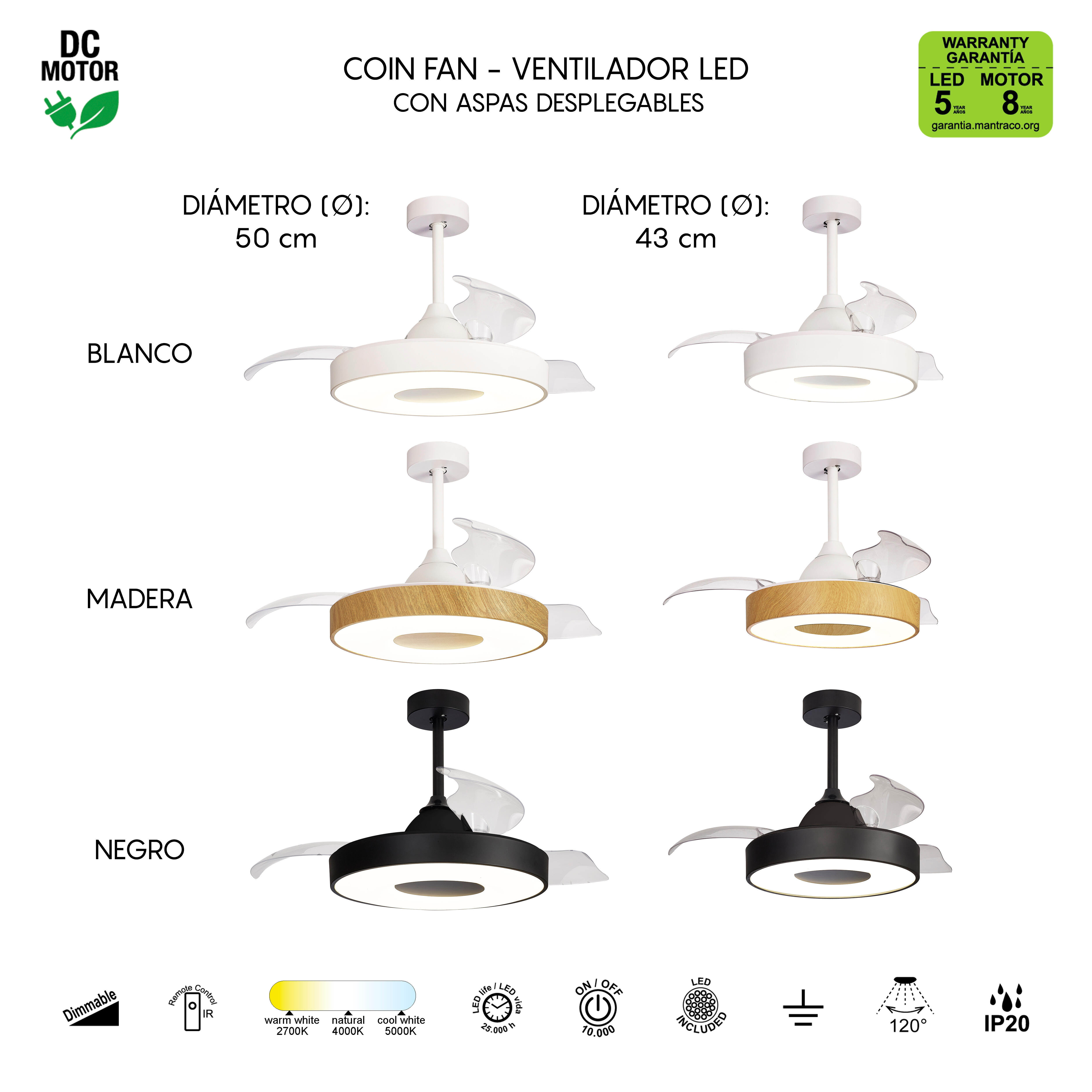 Ventilador de techo con luz silencioso DC 30W con mando ø106.2 cm Coin MANTRA marrón luz CCT 3 aspas retráctiles tipo lámpara| 8 velocidades| modo verano/invierno| brisa| recomendado de 13 a 20m² - 13