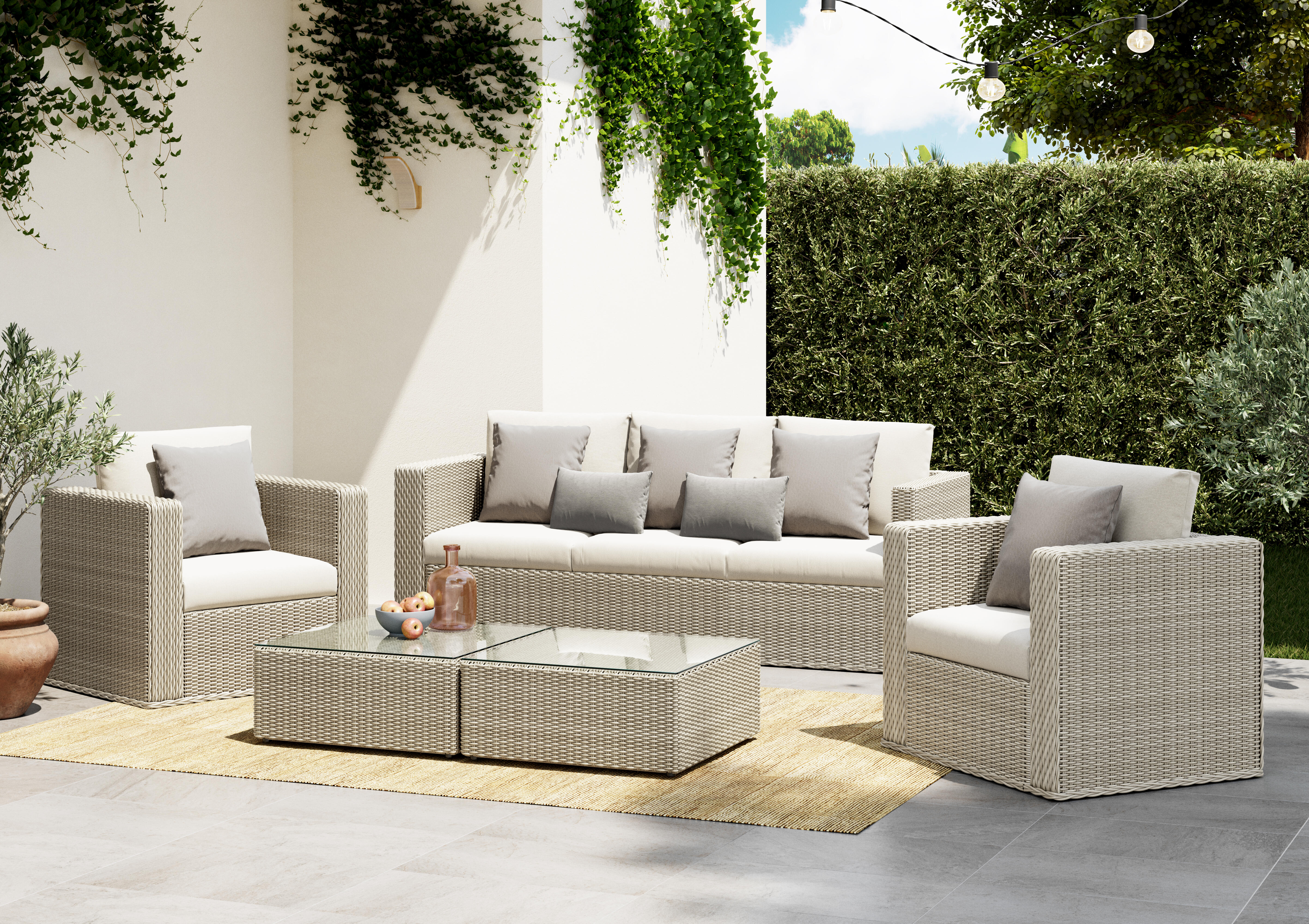 Set de porche santorini de ratán sintético blanco para 5 personas