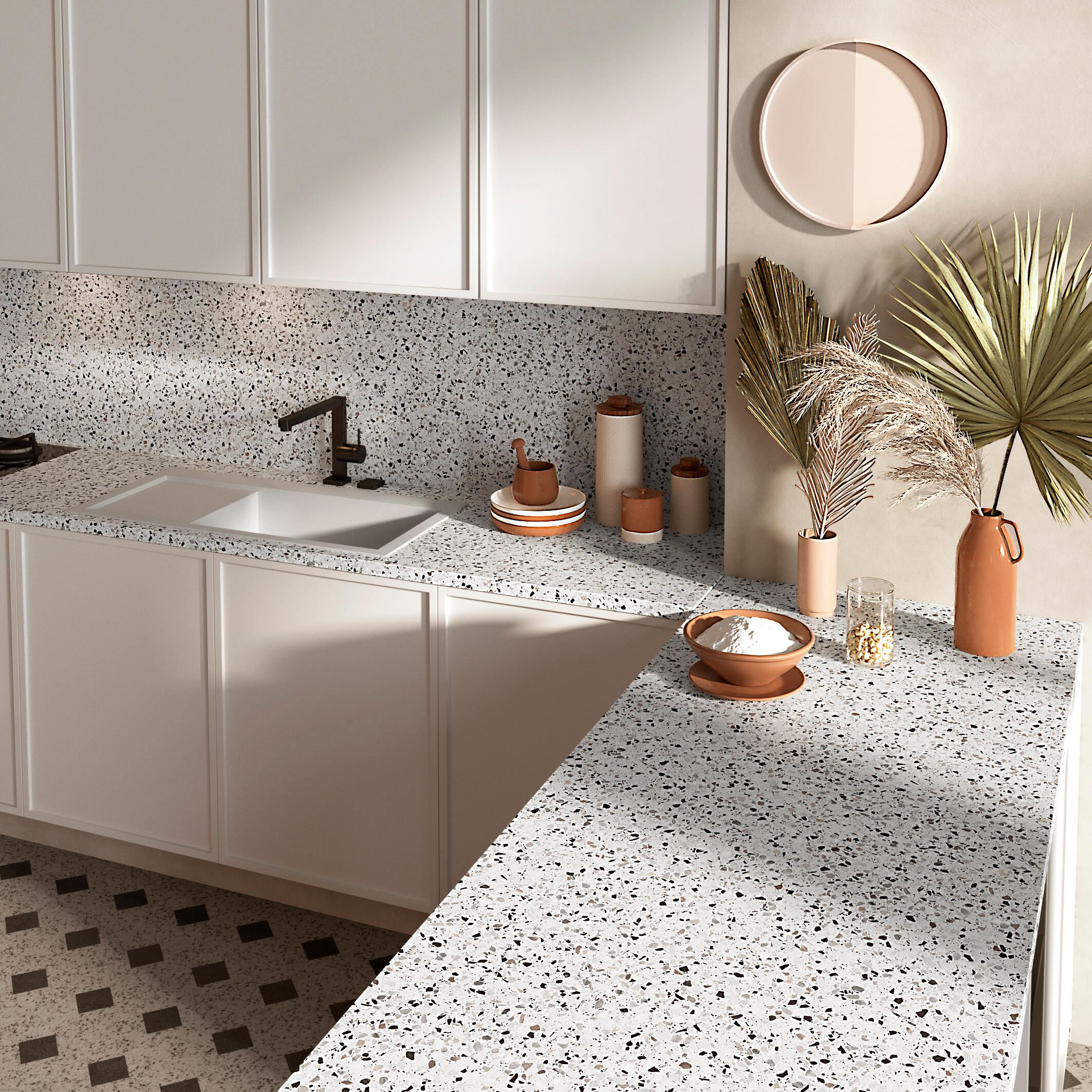 Crédence stratifié réversible Terrazzo pietra/Bois brûlé L.300 xH.64 x Ep.0.9 cm - 2