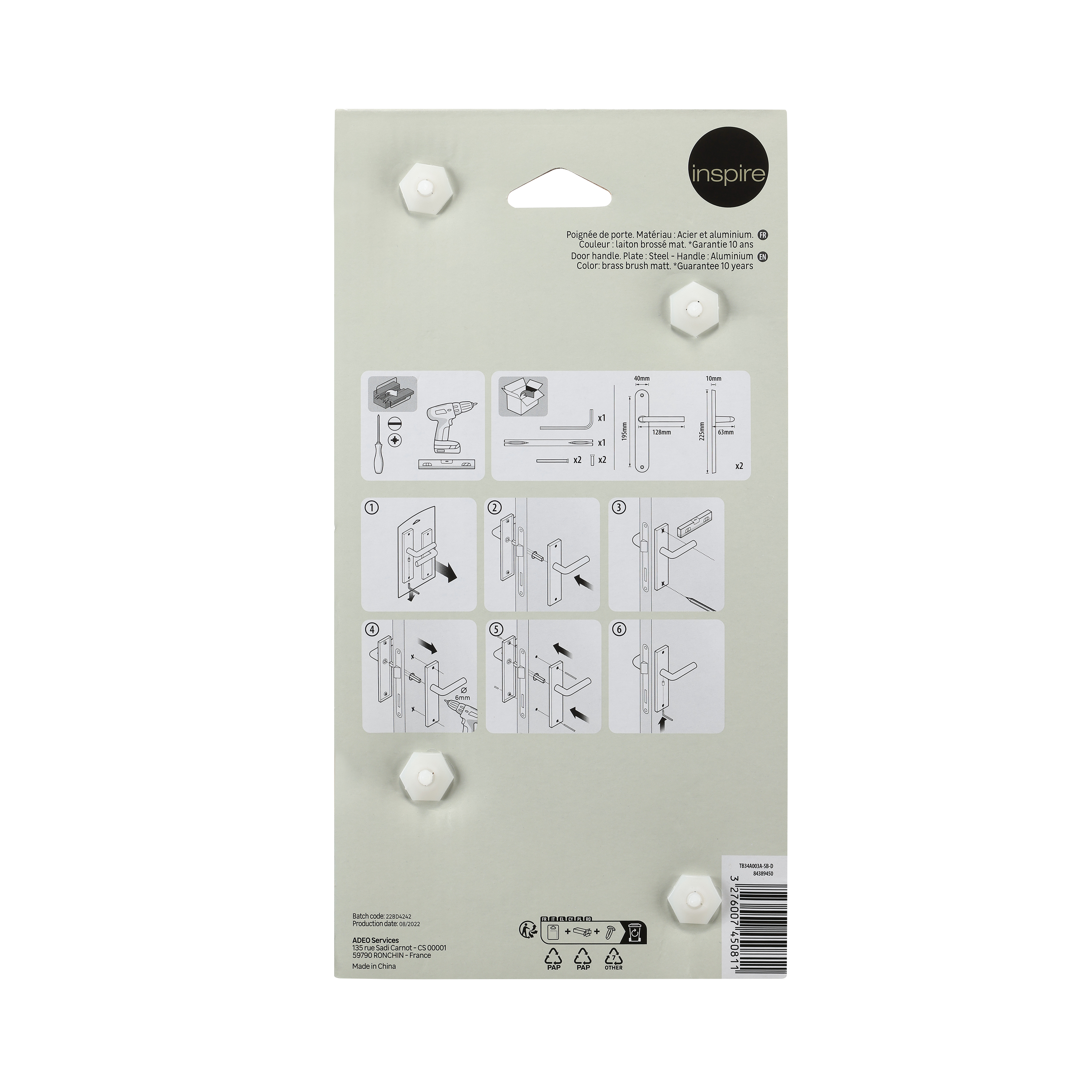 2 poignées sur plaque sans trou Eina aluminium laiton brossé, entraxe 195 mm - 7