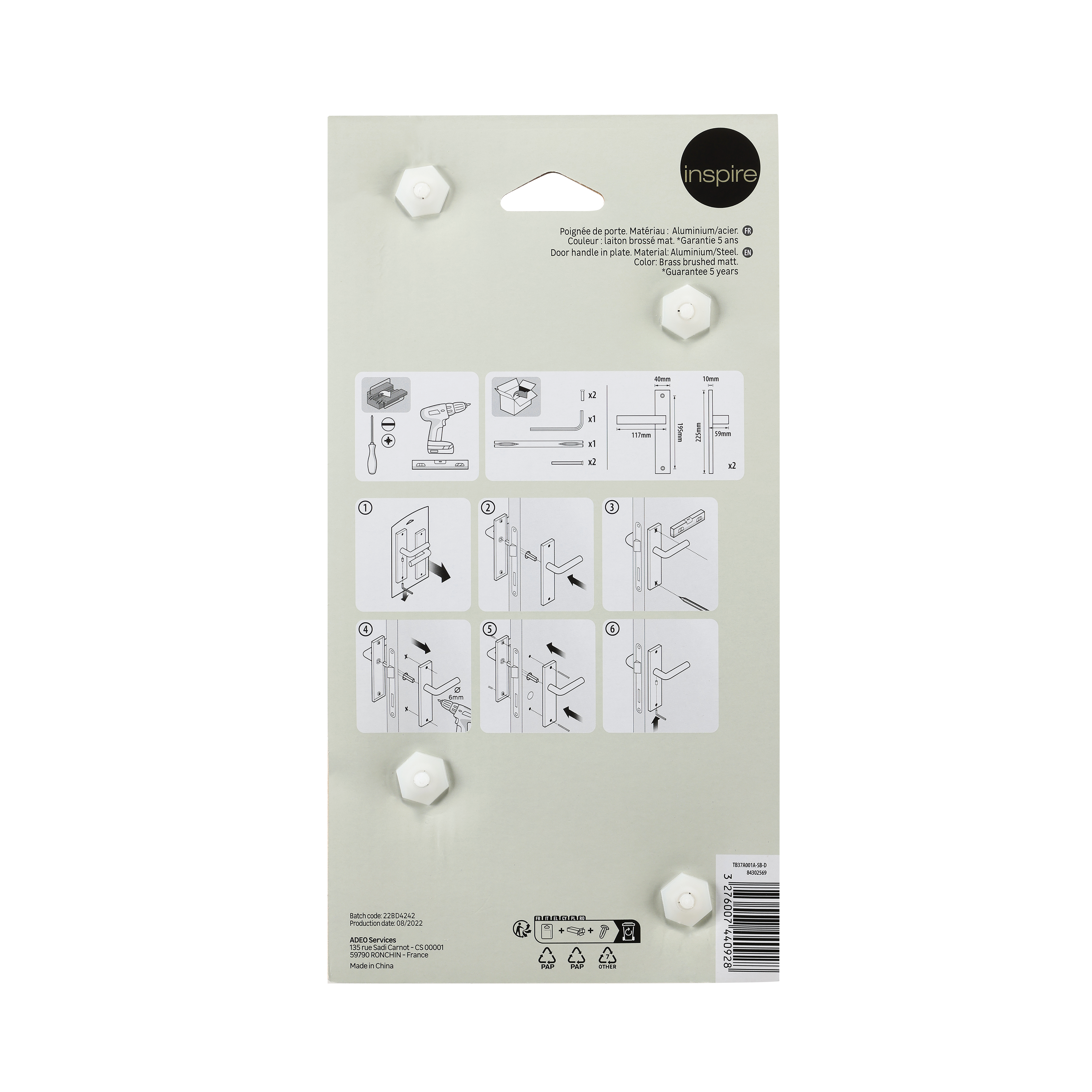 2 poignées sur plaque sans trou Lee aluminium laiton mat, entraxe 195 mm - 6