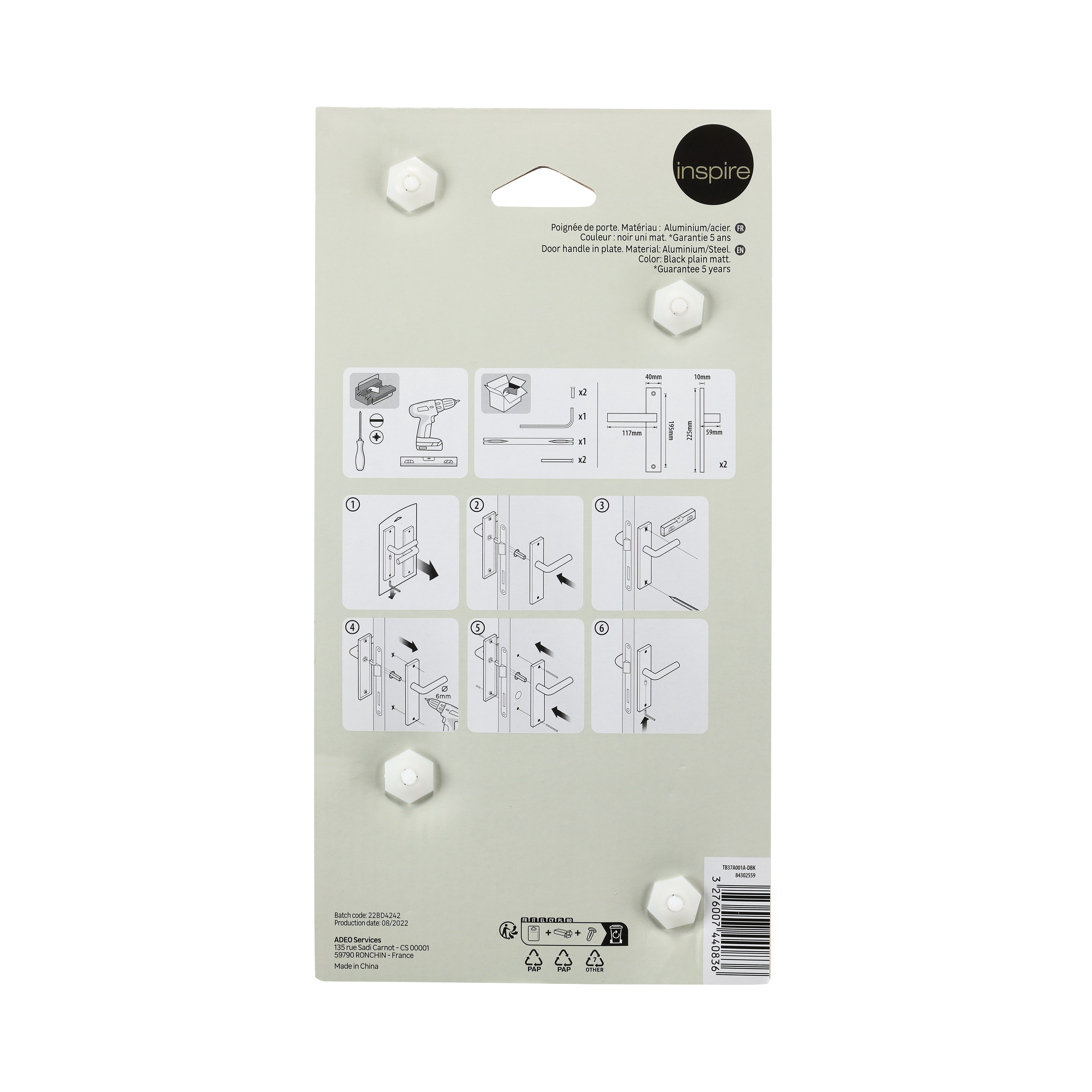 2 poignées sur plaque sans trou Lee aluminium noir mat, entraxe 195 mm - 6