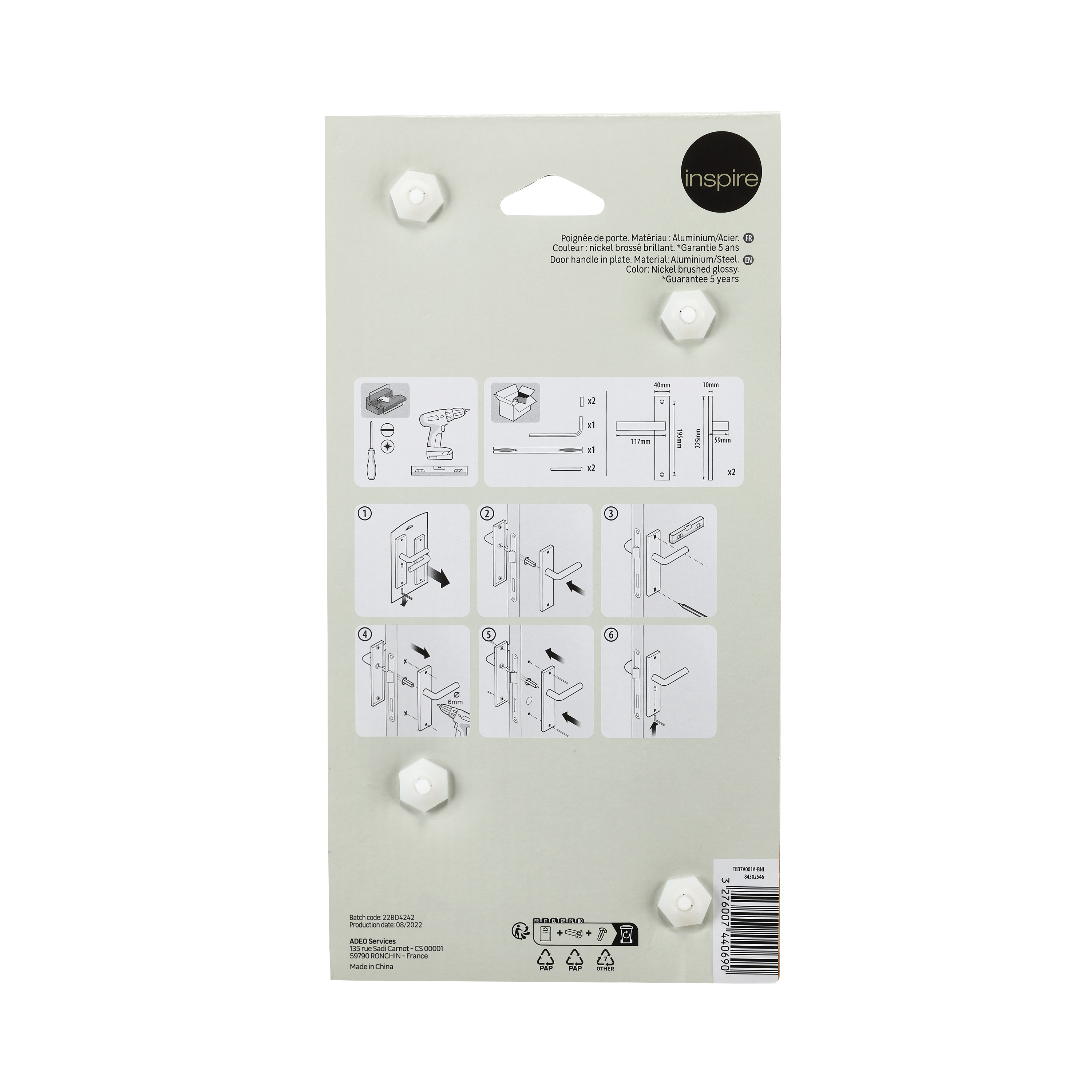 2 poignées sur plaque sans trou Lee aluminium nickel brillant, entraxe 195 mm - 7