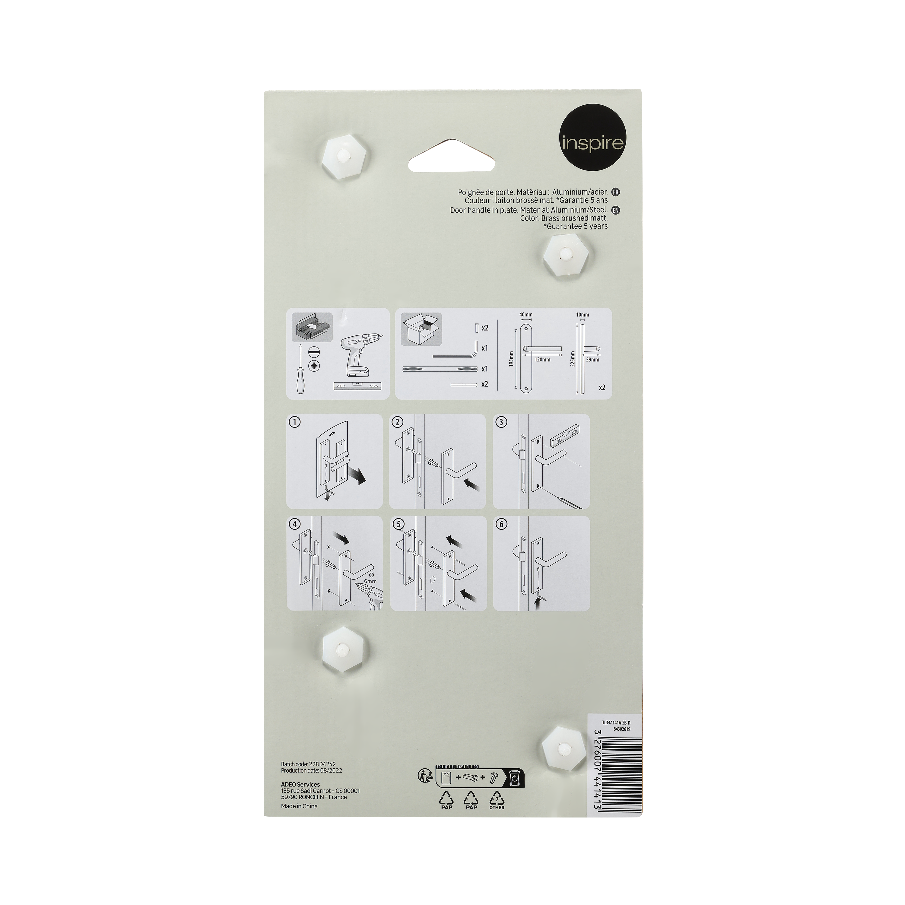 2 poignées sur plaque à clé Java aluminium laiton mat, entraxe 195 mm - 7