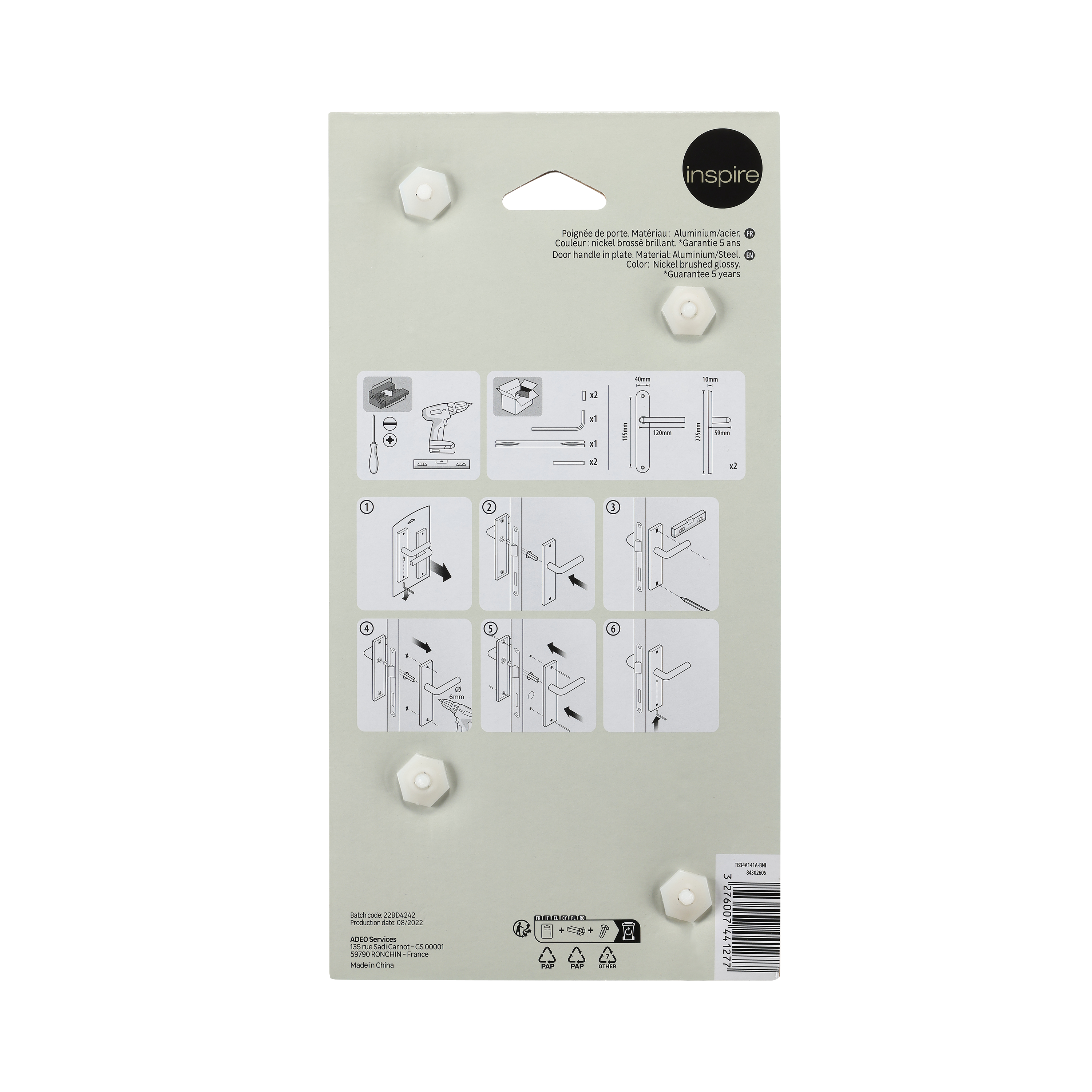 2 poignées sur plaque sans trou Java aluminium nickel brillant, entraxe 195 mm - 7