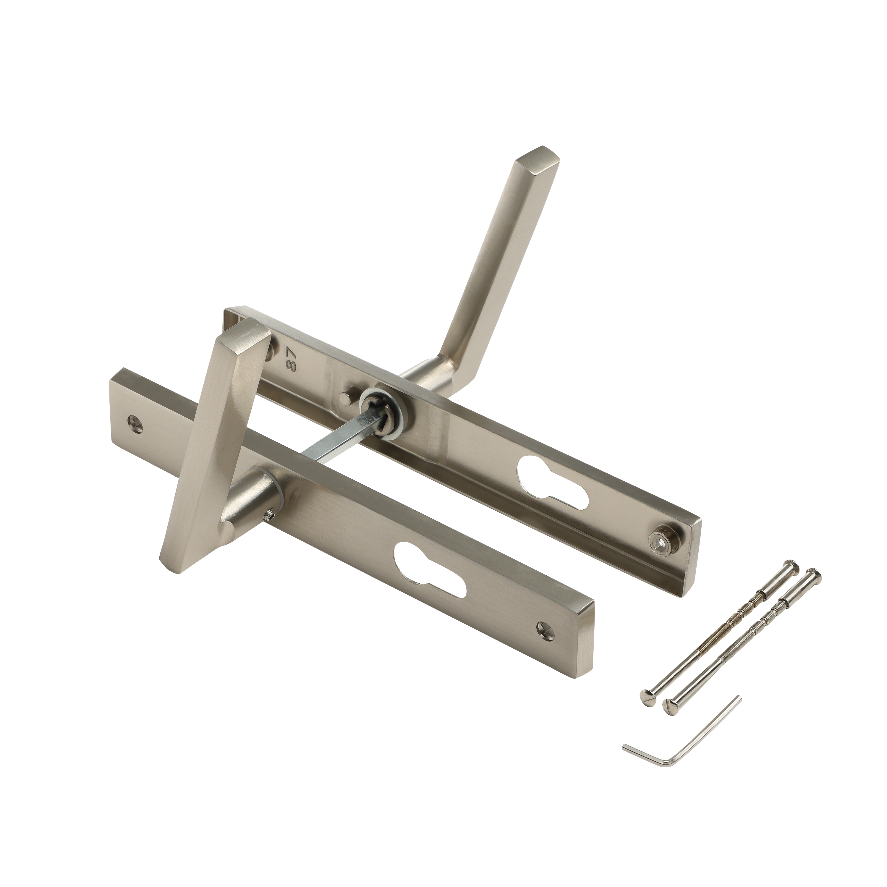 2 poignées porte d'entrée sur plaque à cylindre Lee alu nickel, entraxe 195mm - 5