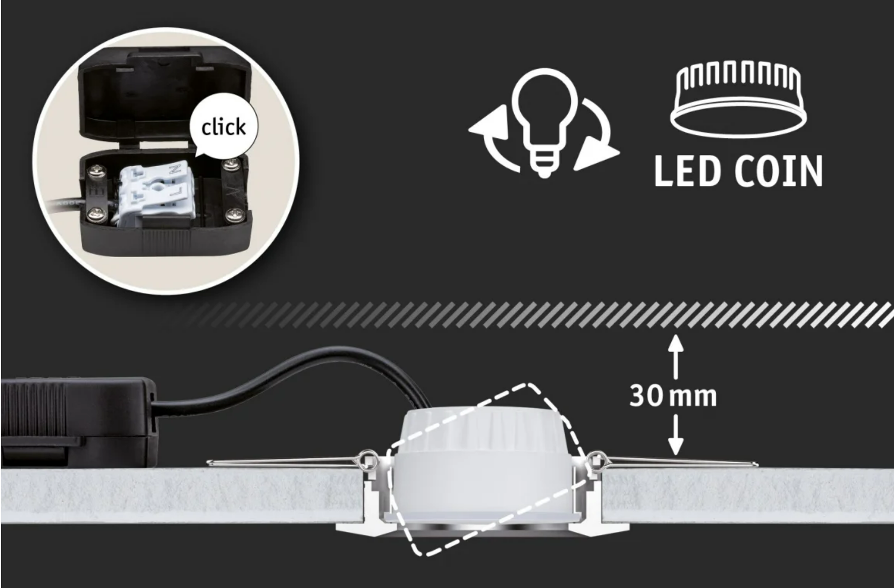 Kit 3 spots à encastrer Cole module led, 2700K PAULMANN rond noir / argent - 6