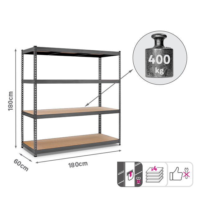 Estante metálica cinza 4 prateleiras MDF 180x60x180 cm 400 kg Spaceo - 3