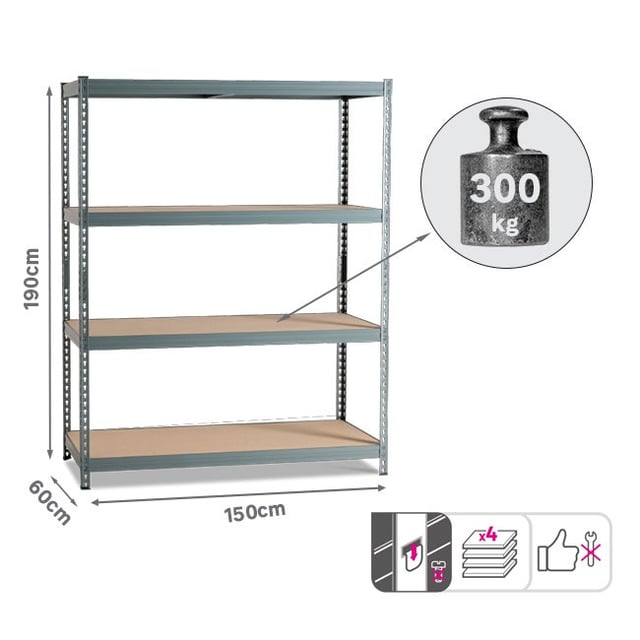 Etagère acier époxy SPACEO, 4 tablettes l.150xH.190xP.60