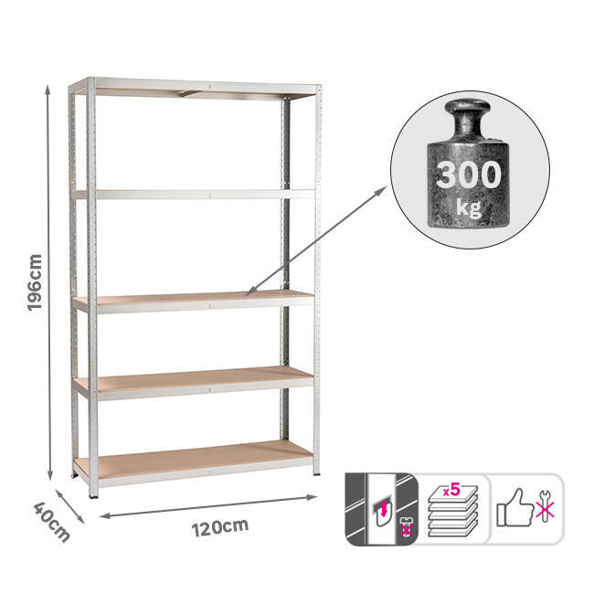 Etagère acier galvanisé SPACEO, 5 tablettes l.120xH.196xP.40 - 13