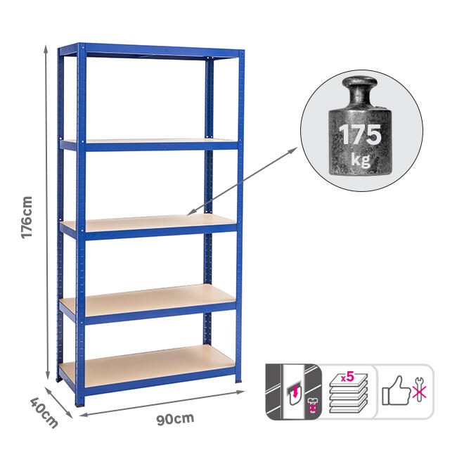 Estante metálica azul 5 prateleiras MDF 90x40x176 cm 175 kg Spaceo - 9
