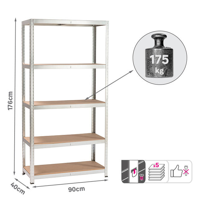 Estante metálica cinza 5 prateleiras madeira 176x90x40 cm 175 kg Spaceo - 5