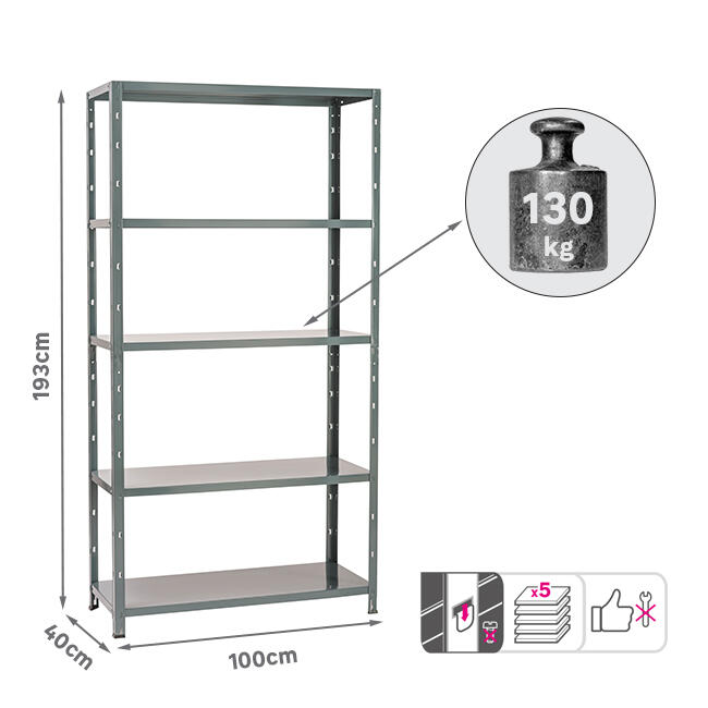Estante metálica cinza 5 prateleiras 100x40x193 cm 130 kg Spaceo - 3