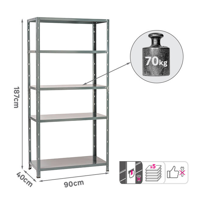 Estante metálica cinza 5 prateleiras 90x40x187 cm 70 kg Spaceo - 5