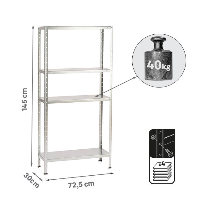 Estante metálica cinza com 4 prateleiras 145x72,5x30 cm 40 kg Spaceo - 2