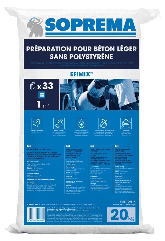 Mélange pour Béton Léger Efimix à base de perlite SOPREMA, Sac léger 20 kg