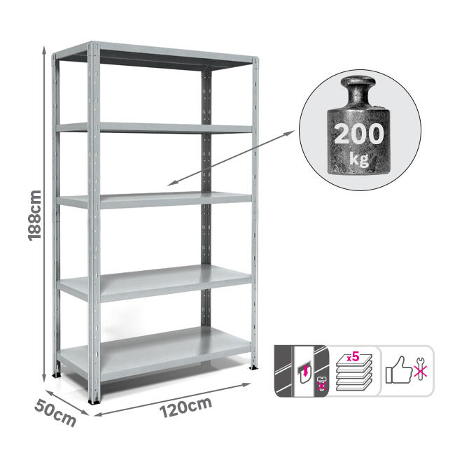 Scaffale in kit 5 ripiani L 120 x P 50 x H 188 cm grigio, portata per ripiano 200 kg - 13