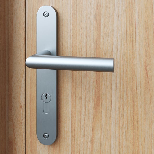 Poignée de porte sur plaque aspect nickel entraxe 195 mm Clé en I THEA x2