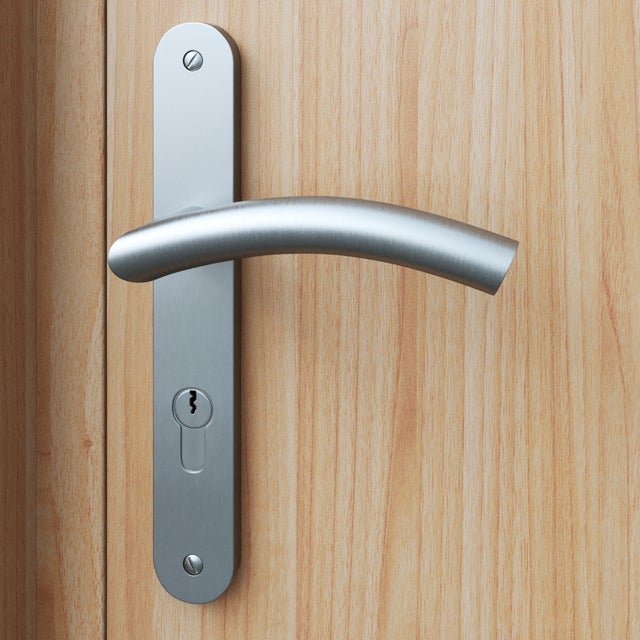 Poignée de porte sur plaque aspect nickel entraxe 195 mm Clé en I LARA x2
