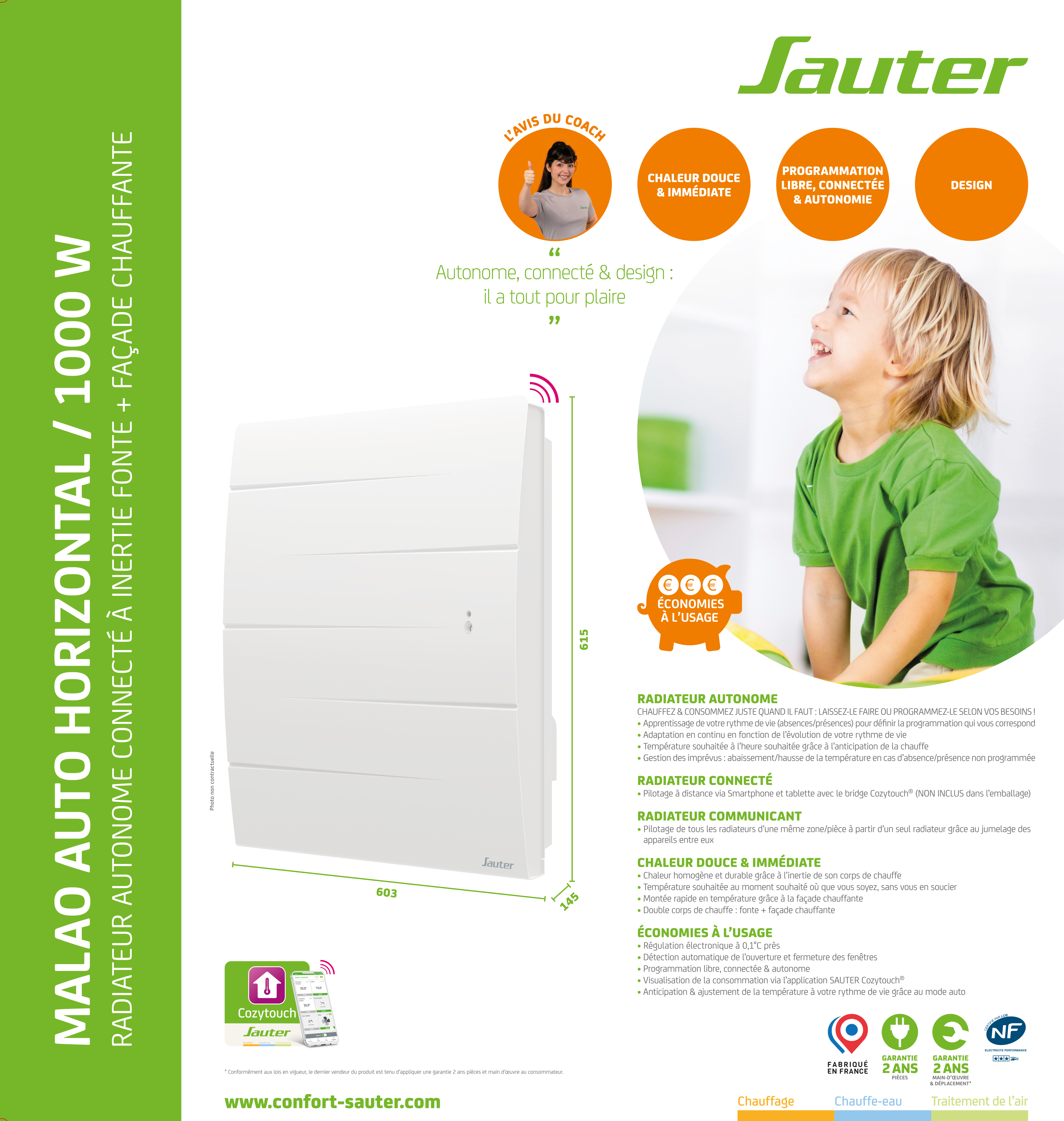 Radiateur électrique DSC connecté Malao Auto 1000W SAUTER horizontal blanc - 8