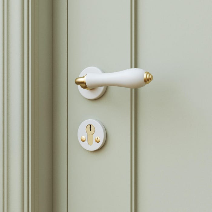 Poignée sur rosace en porcelaine blanche MAYA et rosace de fonction assortie