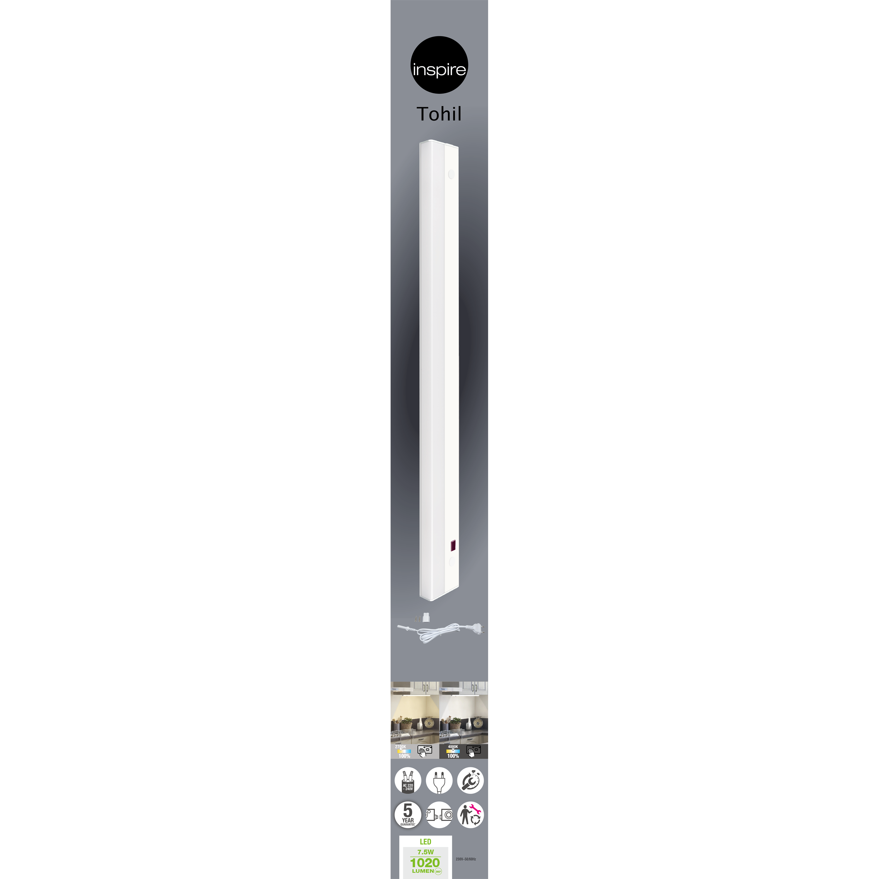 Réglette dessous de meuble LED Tohil L.60 cm, blanc chaud / neutre, INSPIRE - 4