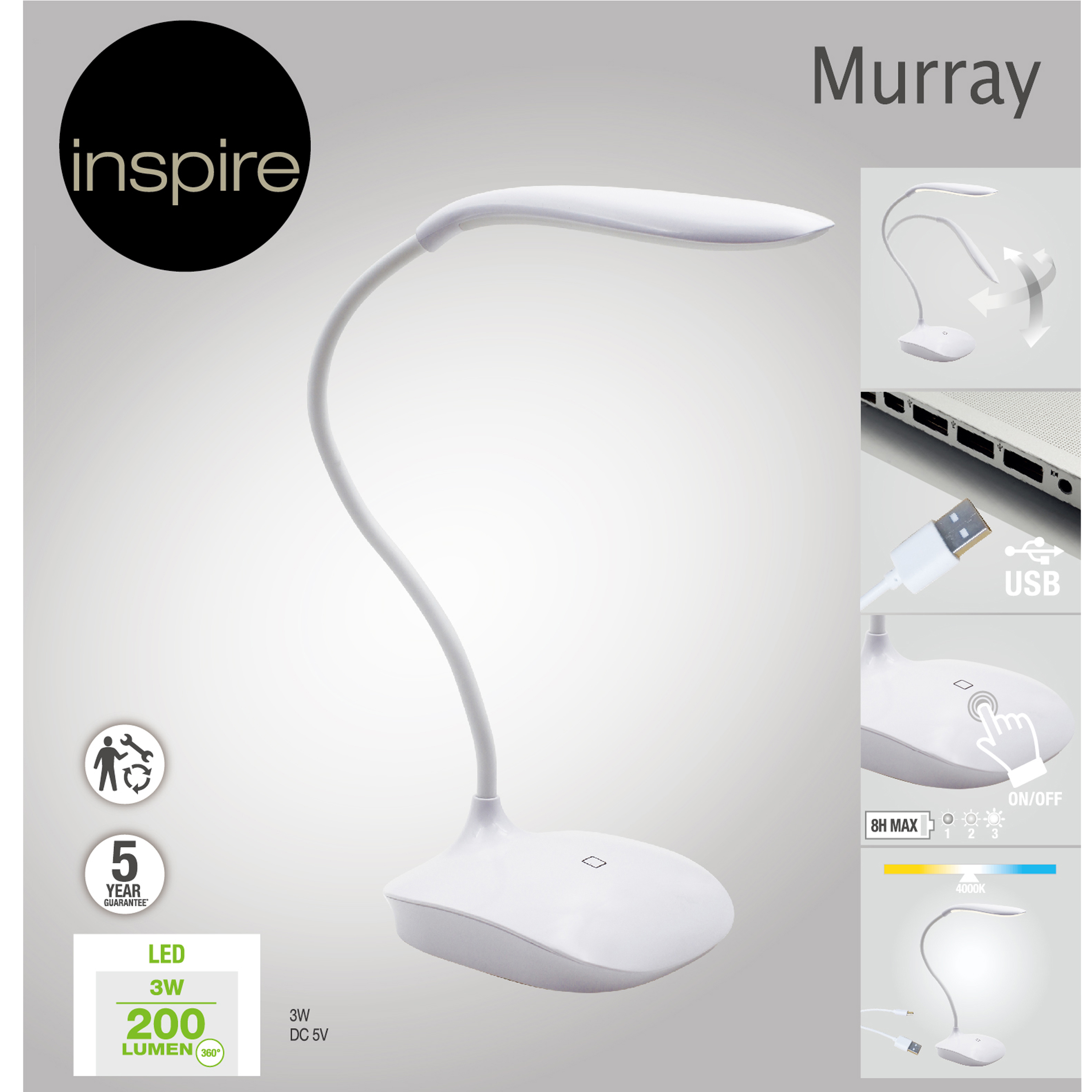 Flexo para escritorio LED con control de la intensidad de la luz Murray INSPIRE con estructura blanca luz neutra 4000K de pilas - 5