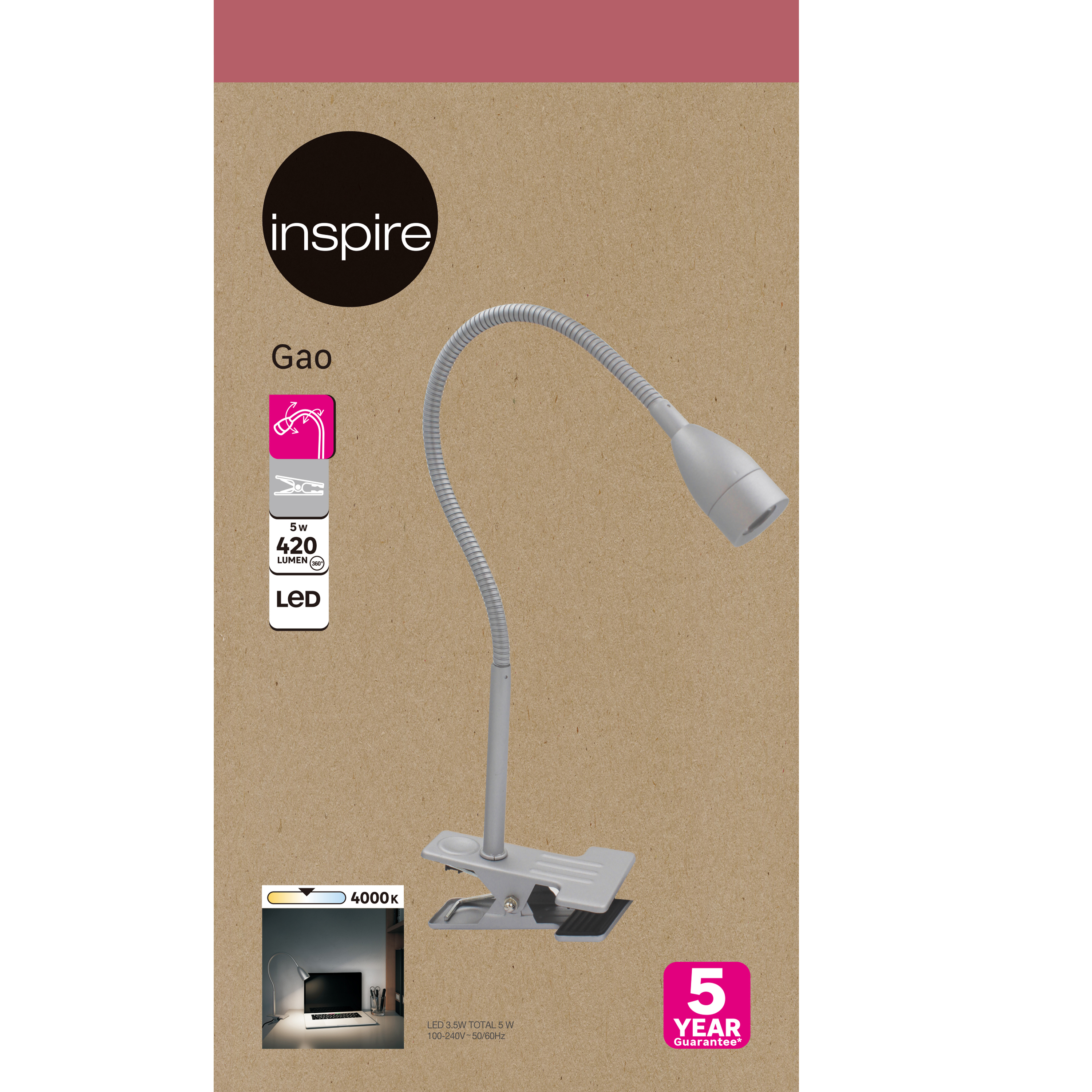 Lampka biurkowa z klipsem Gao LED srebrna Inspire - 11