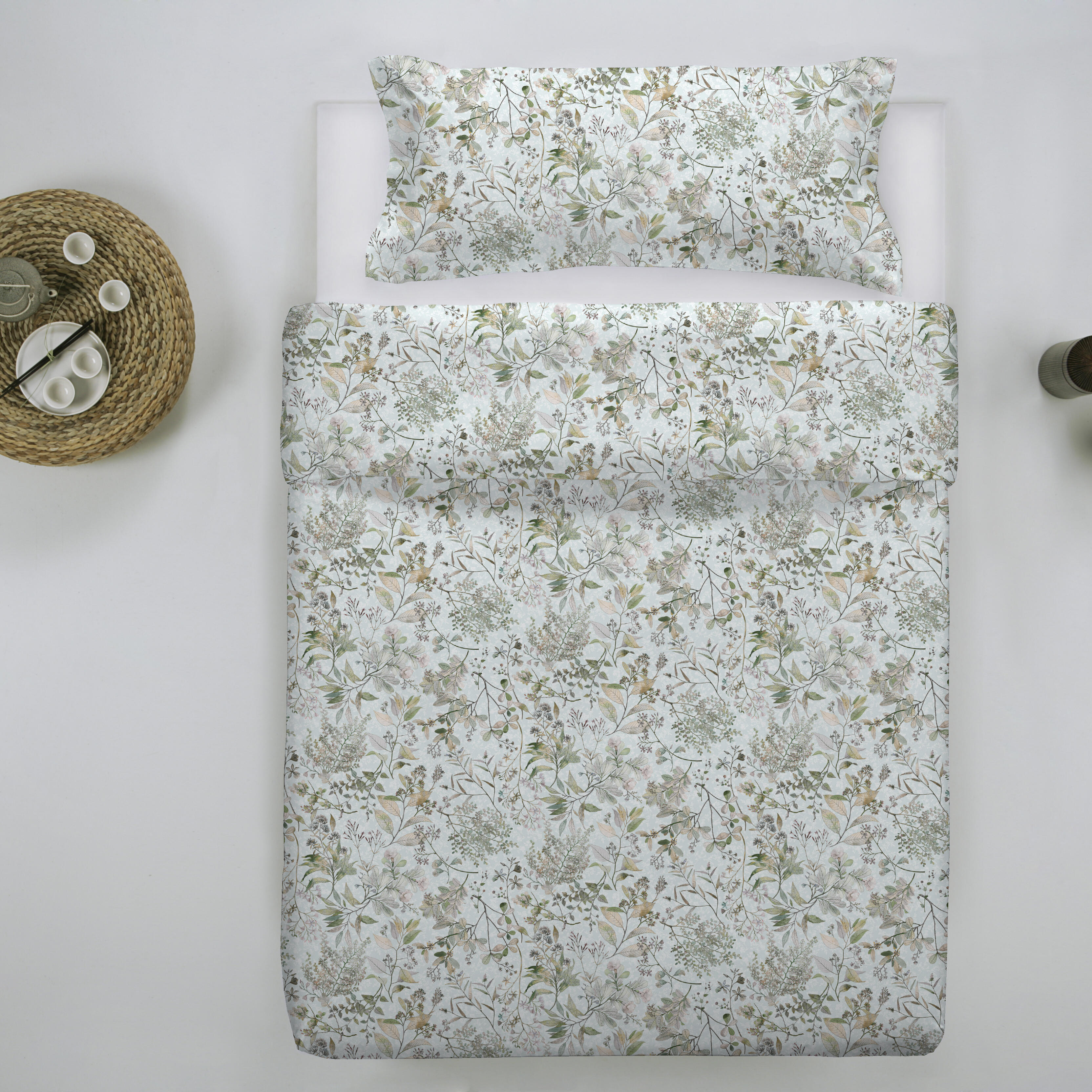 Funda nórdica + 1 funda de almohada tabine algodón 200 hilos flor azul, rosa, amarillo y verde para cama de 105 cm