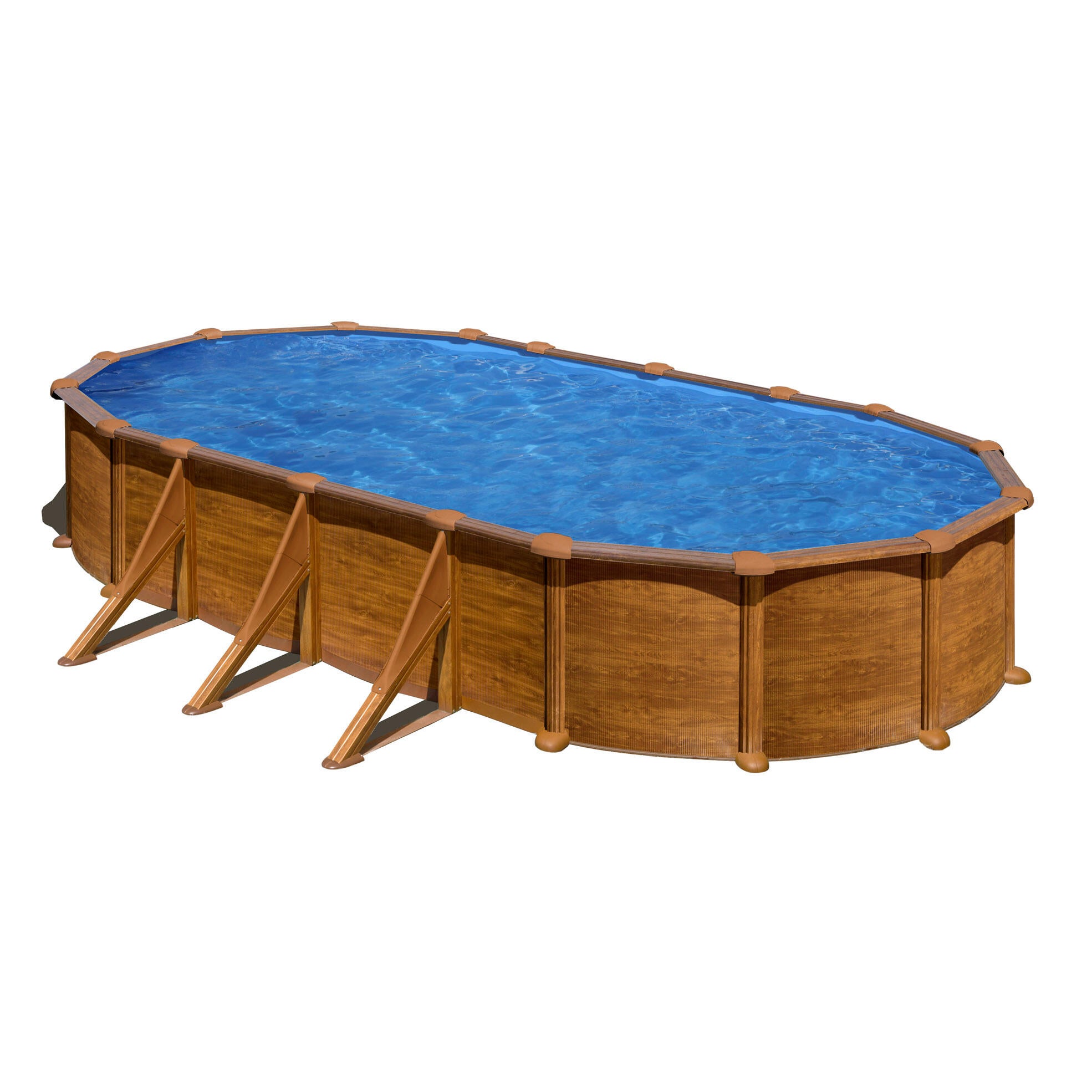 Piscina desmontable de acero imitación madera ovalada gre 7,3 x 3,75 x 1,32 m