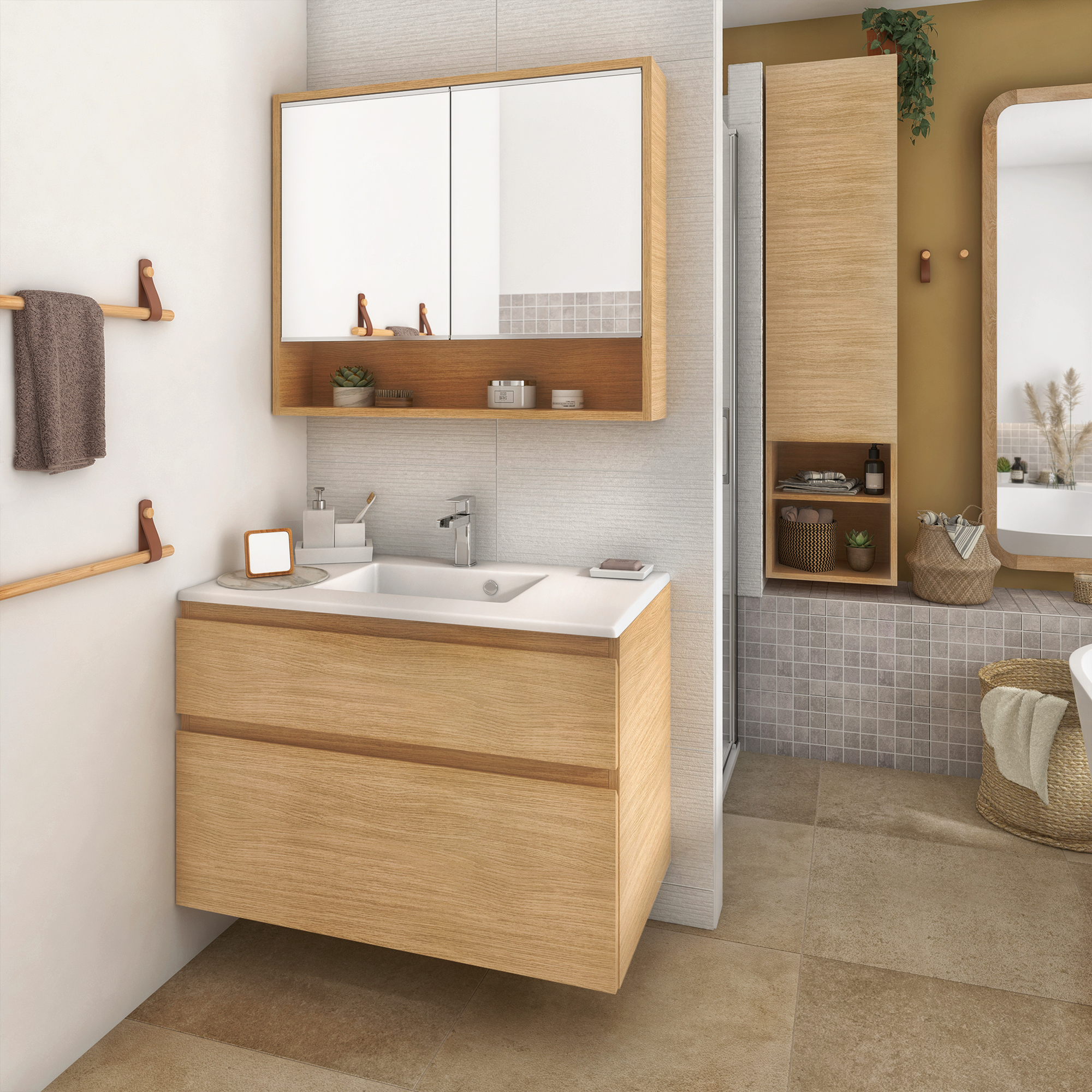 Armoire de toilette l.90 cm H.75 cm P.16 cm, chêne naturel, SENSEA Natural - 4