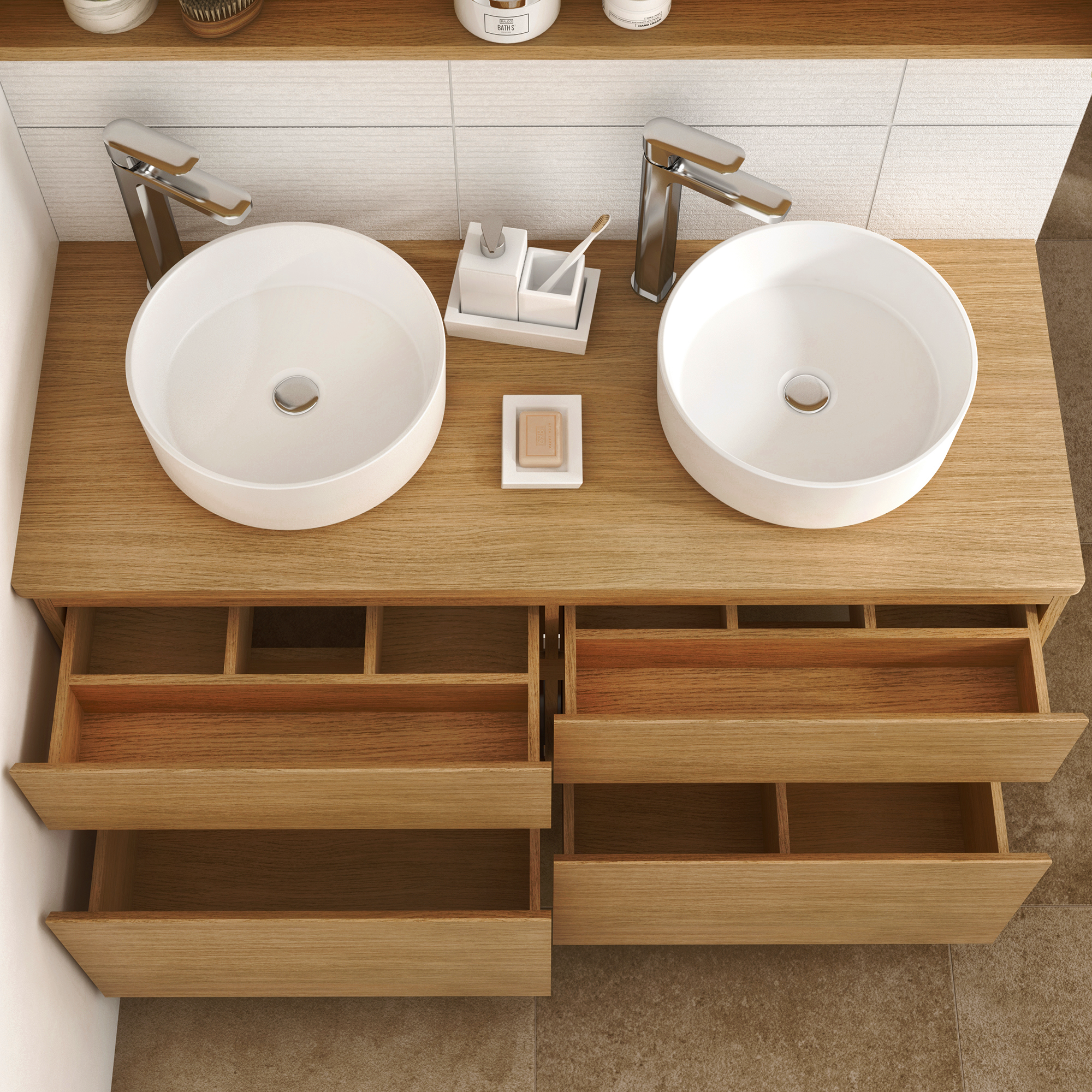 Meuble sous-vasque L.120cm x H.62.5cm x P.48cm placage chêne Natural - 3
