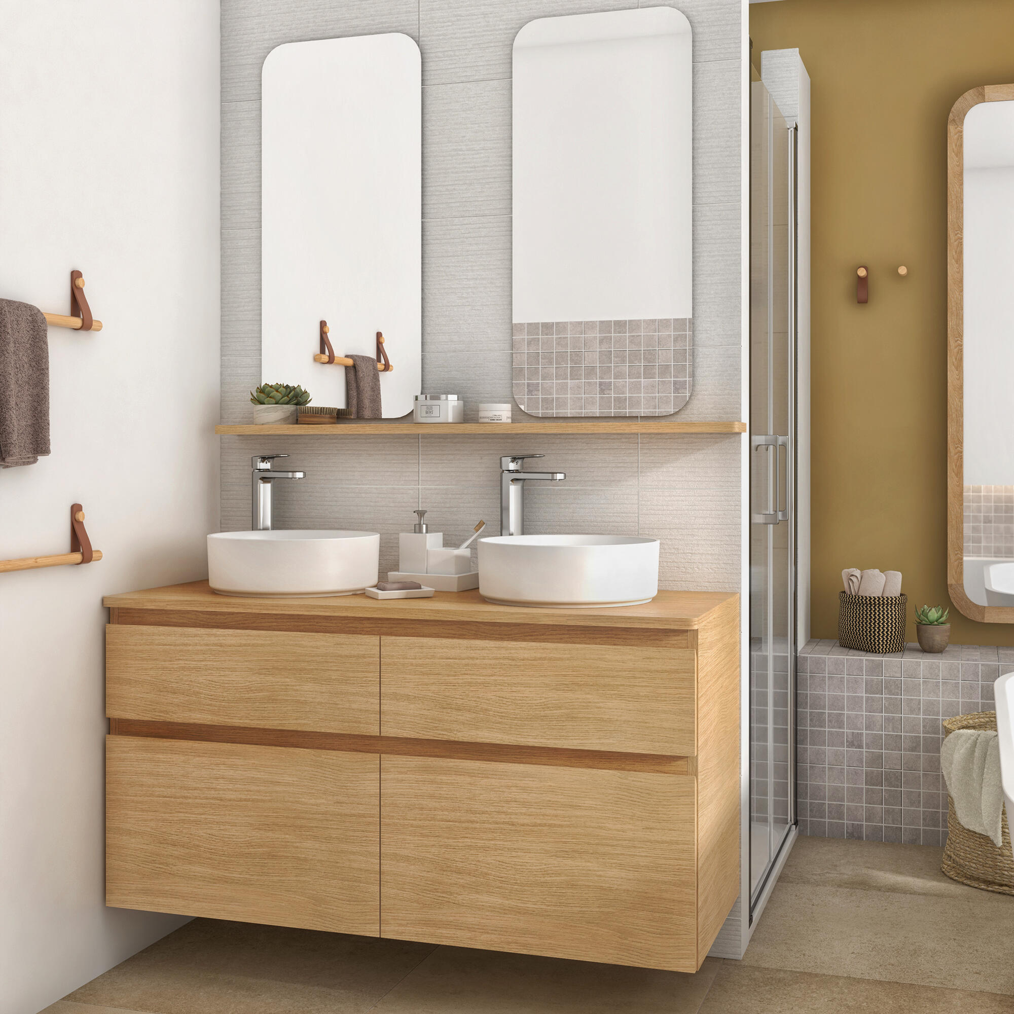 Meuble sous-vasque L.120cm x H.62.5cm x P.48cm placage chêne Natural - 5