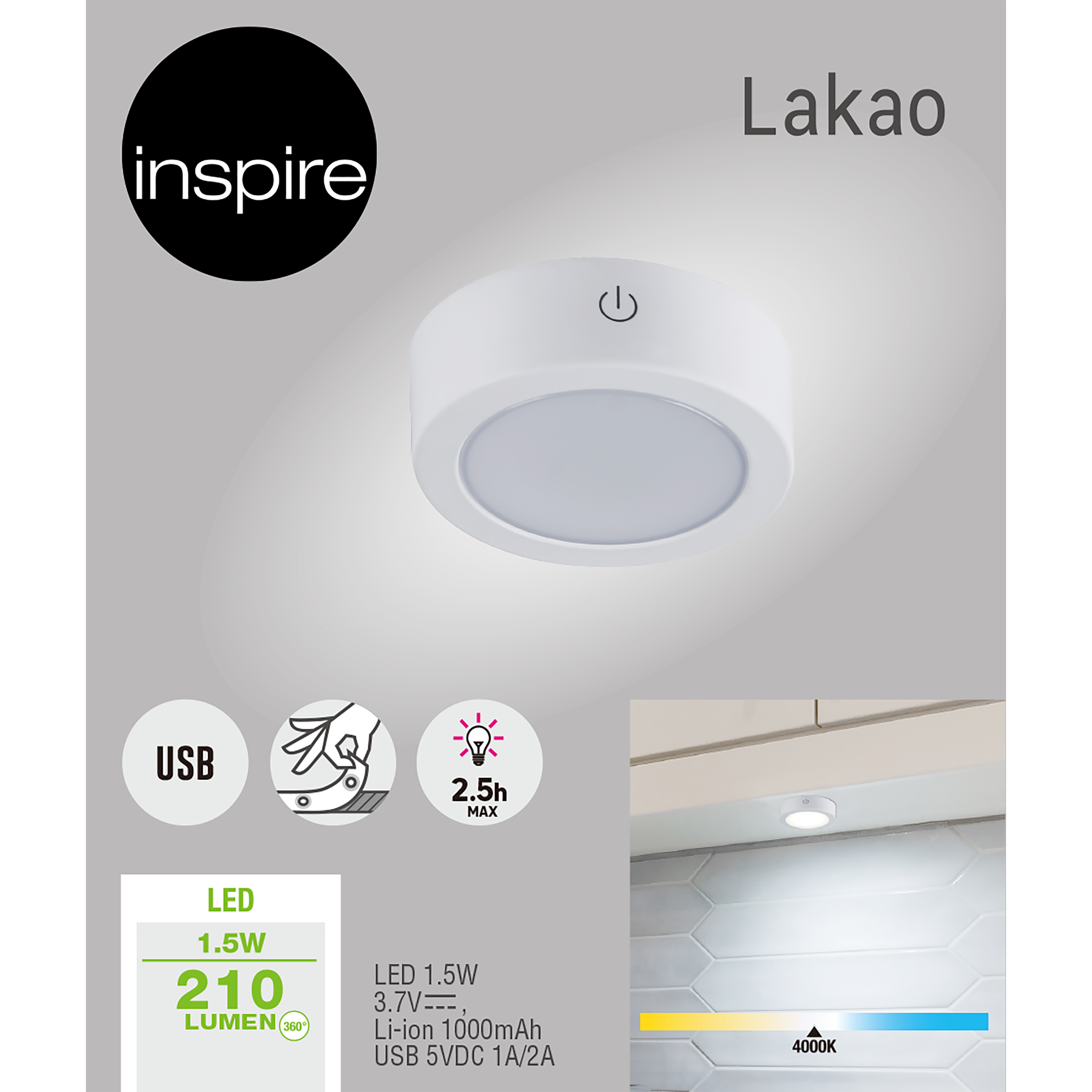 Spot Lakao LED, rechargeable USB, blanc neutre D.7 cm INSPIRE blanc - 5