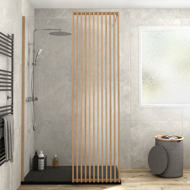 Pack douche italienne receveur neo noir 90x120 + paroi Lumi effet bois 120cm