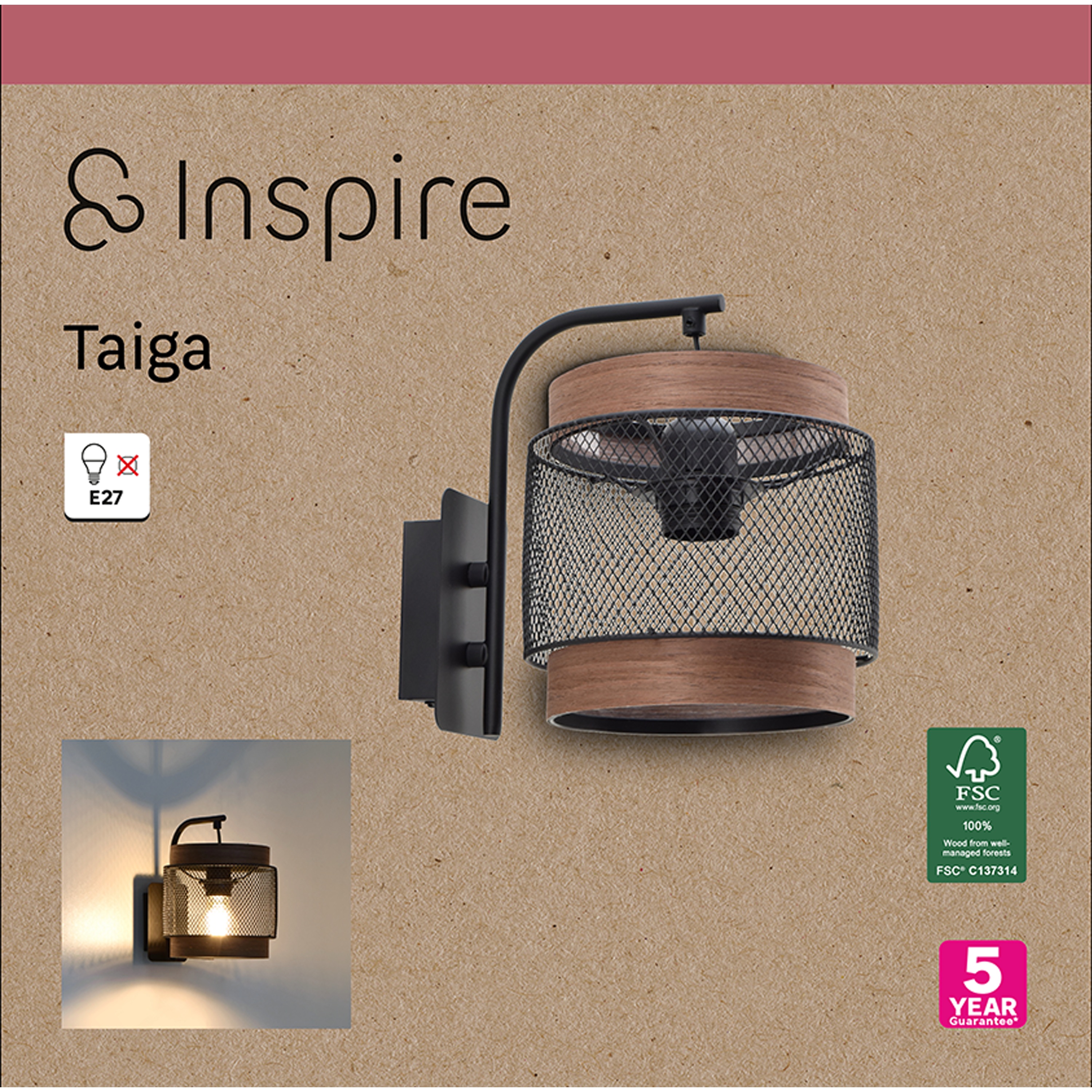 Kinkiet Taiga czarny z drewnem E27 Inspire - 15