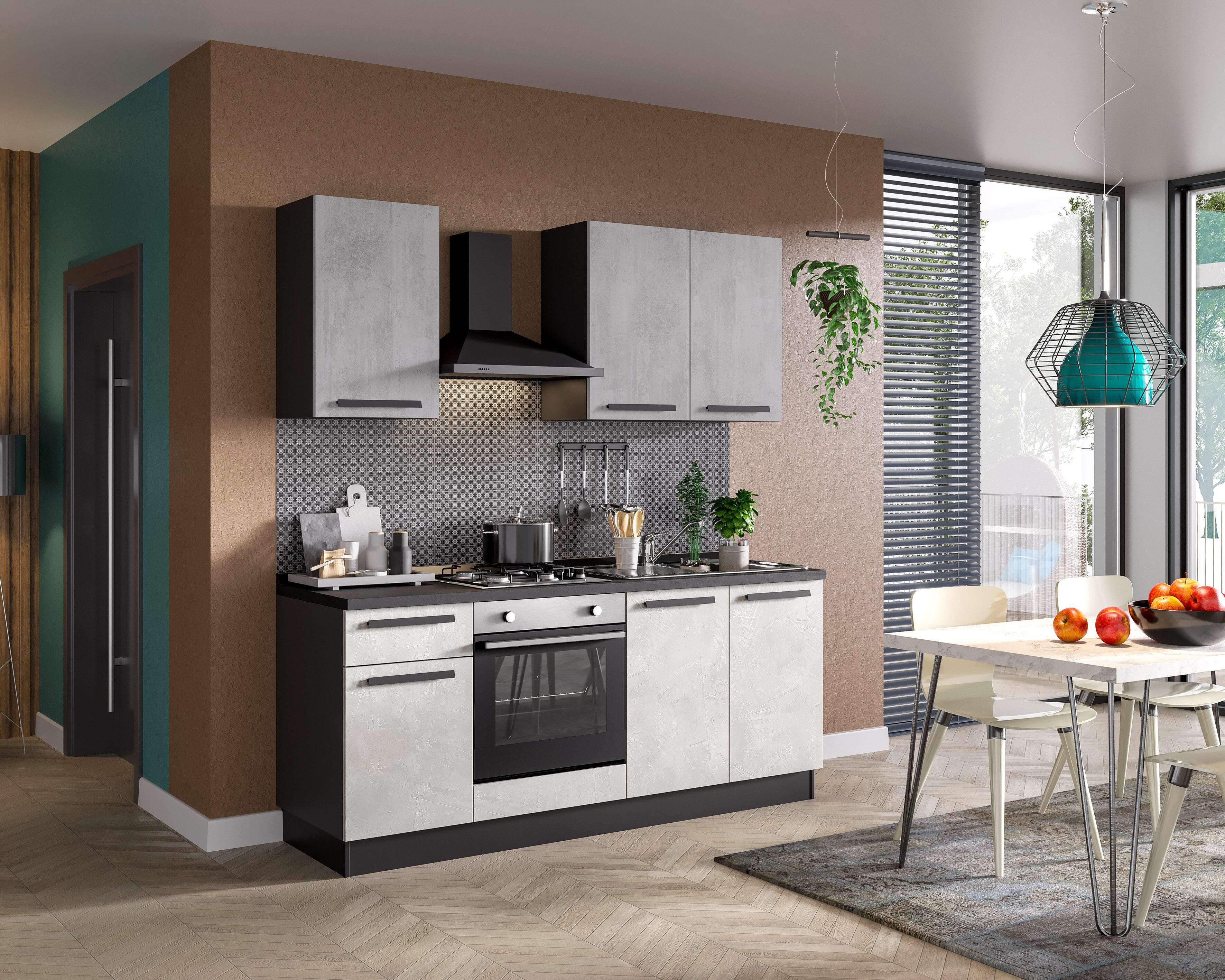 Cucina montata Dora bianco e grigio chiaro, lavello a destra, L 195 cm, completa di: cappa a camino, piano cottura a gas e forno - 6