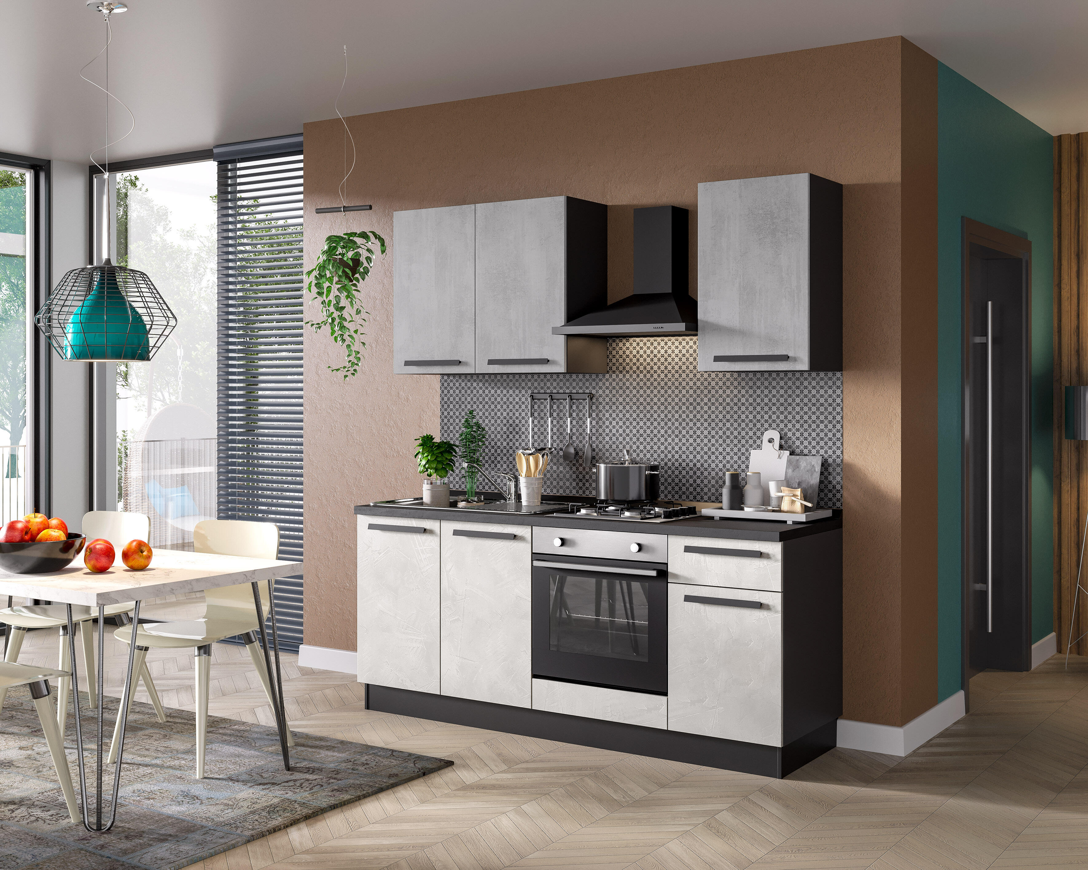 Cucina montata Dora bianco e grigio chiaro, lavello a sinistra, L 195 cm, completa di: cappa a camino, piano cottura a gas e forno - 5