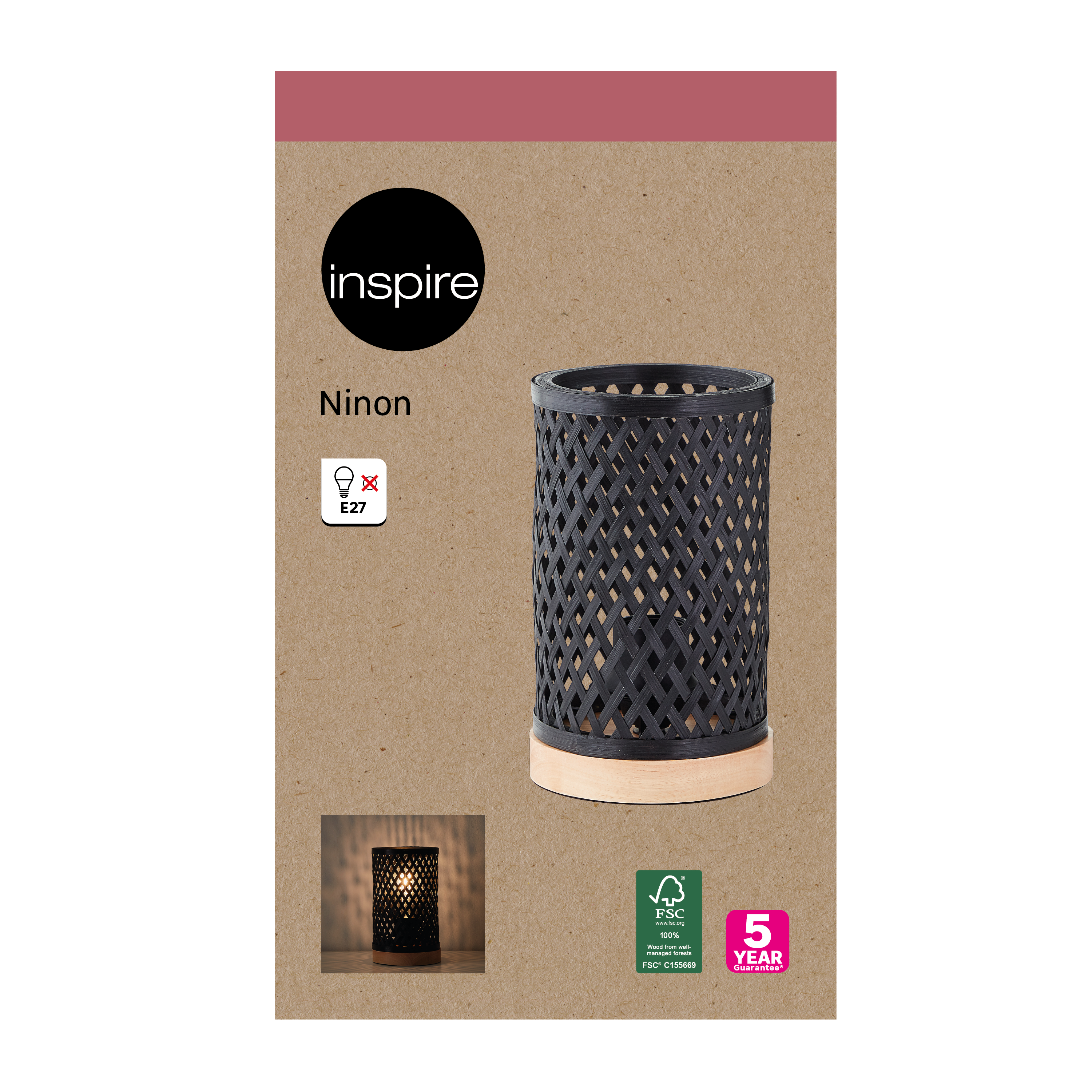 Lámpara de mesa compatible con casquillo E27 Ninon INSPIRE con estructura madera negra pantalla negra de bambú alimentación a red - 4