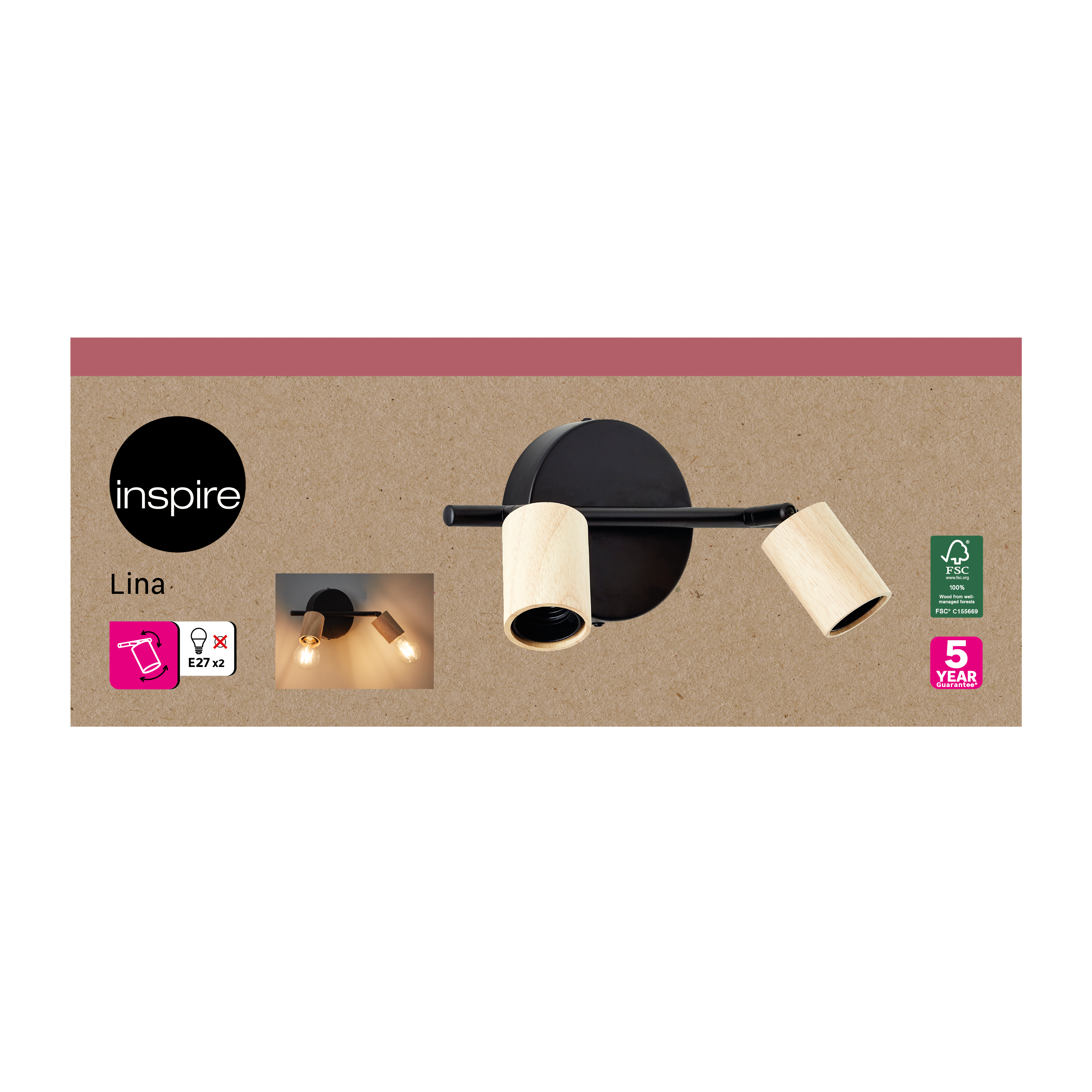 Rampe 2 spots Lina, produit sans abat-jour produit sans abat-jour, E27, INSPIRE - 5