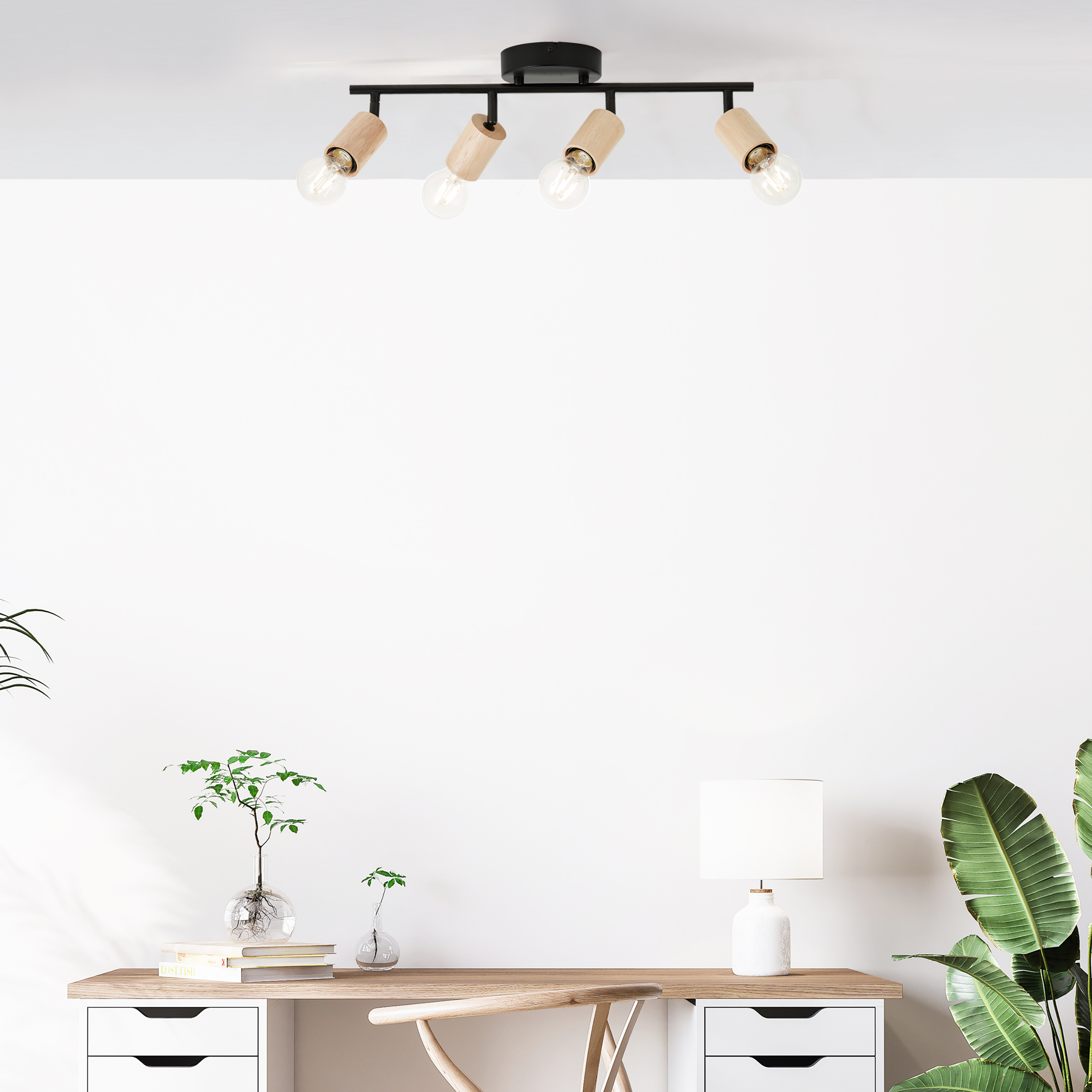 Rampe 4 spots, métal noir et bois, E27, INSPIRE Lina - 3