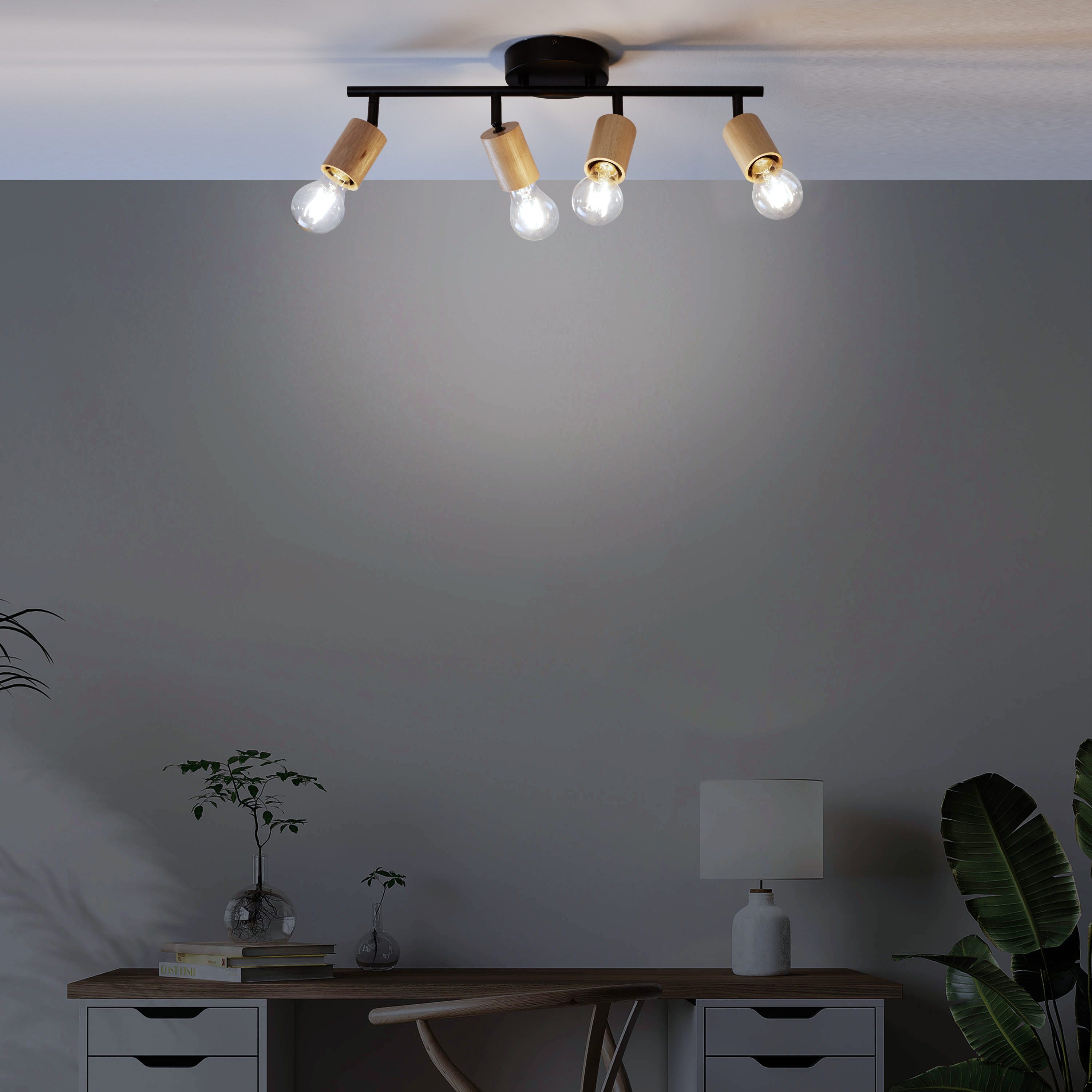 Rampe 4 spots, métal noir et bois, E27, INSPIRE Lina - 4