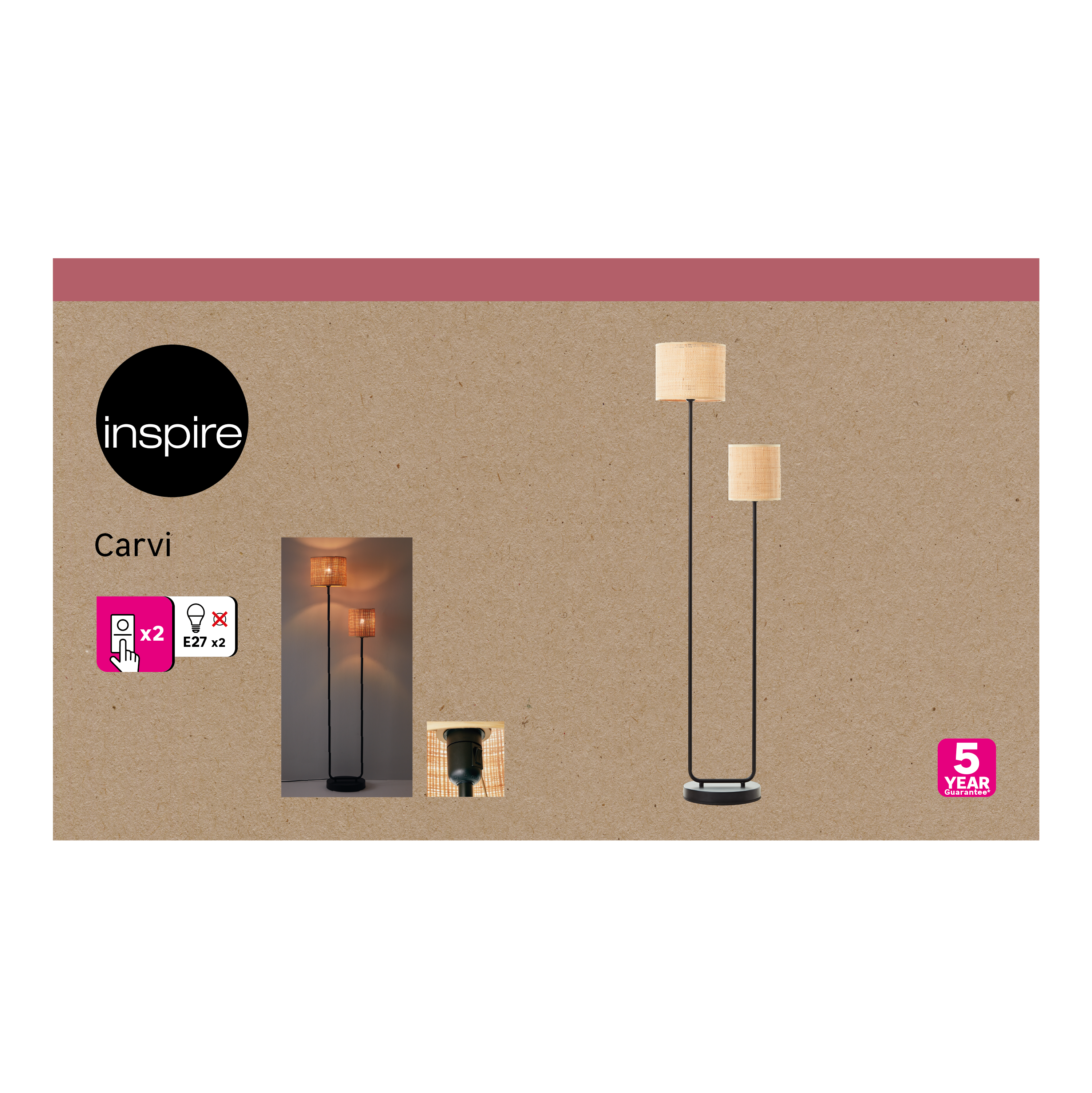 Lampa podłogowa Carvi czarny raffia 2 x E27 Inspire - 20