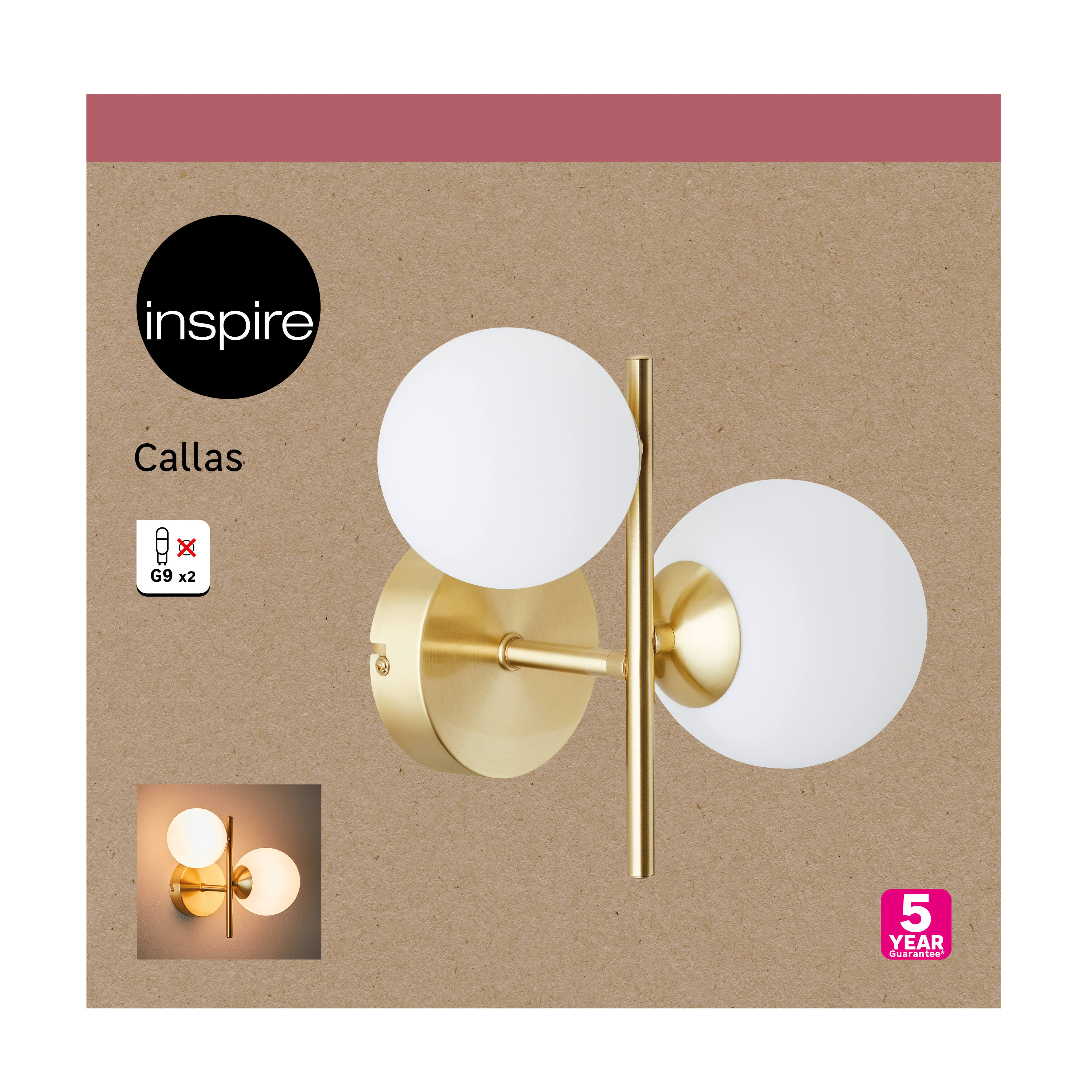 Applique murale G9, acier / cristal, laiton, Callas, INSPIRE - 15