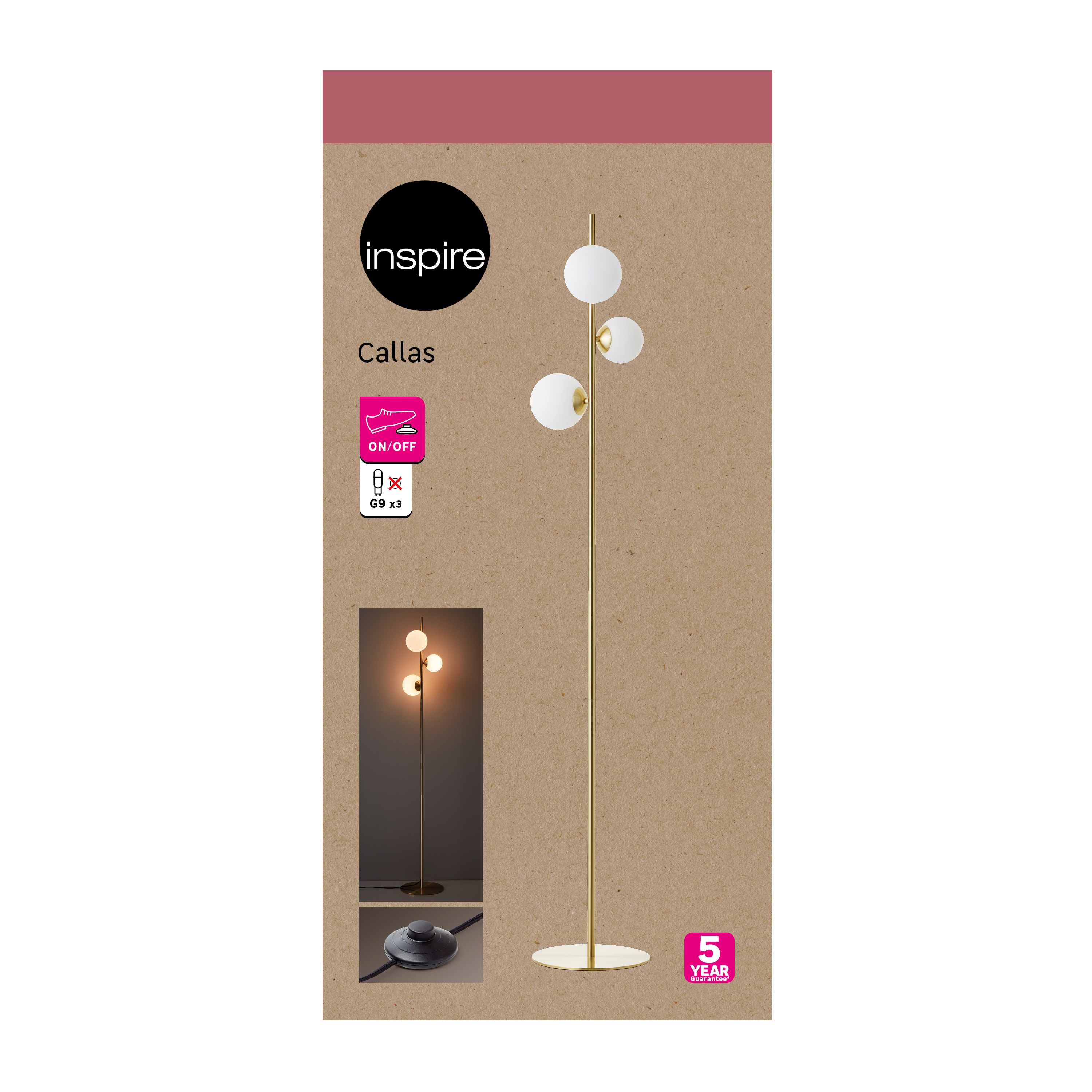 Lampadaire Callas, aluminium, doré,  H.155 cm INSPIRE, G9 - 9