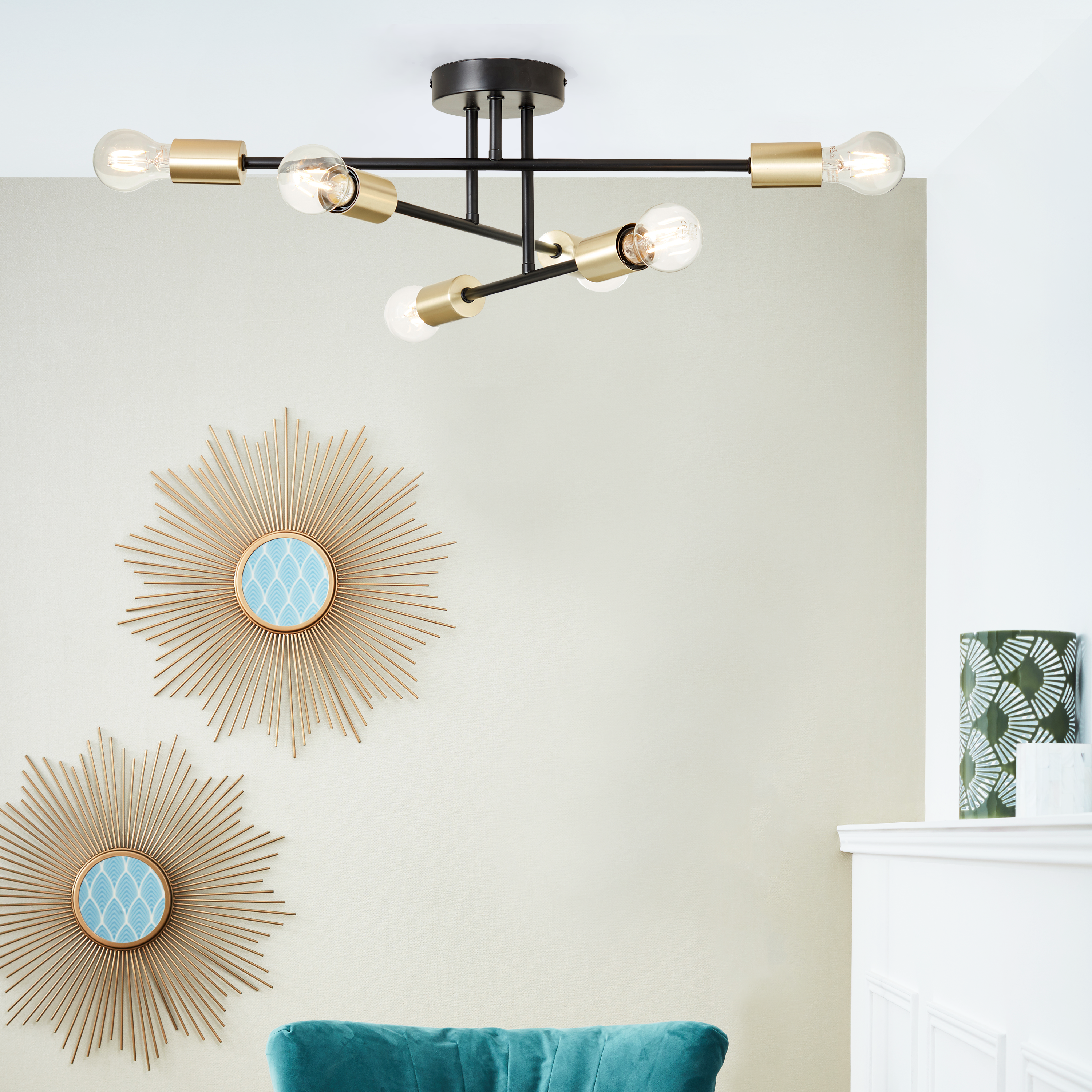 Plafonnier 6 x E27, glamour, métal noir et laiton, Lina, INSPIRE, L.50 Cm - 4