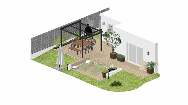 schéma d'un projet de terrasse séparé en plusieurs espaces 